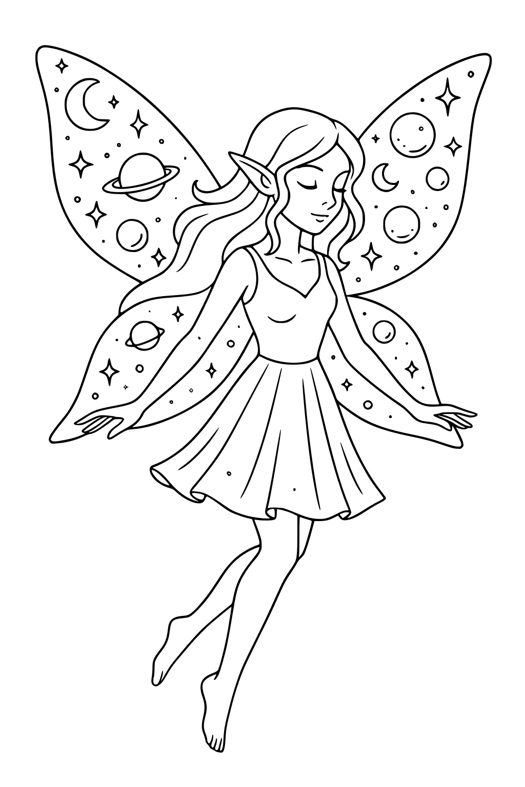Fairy girl with long hair and pointed ears, eyes closed, floating in a dress, big wings full of moons, planets, and stars.