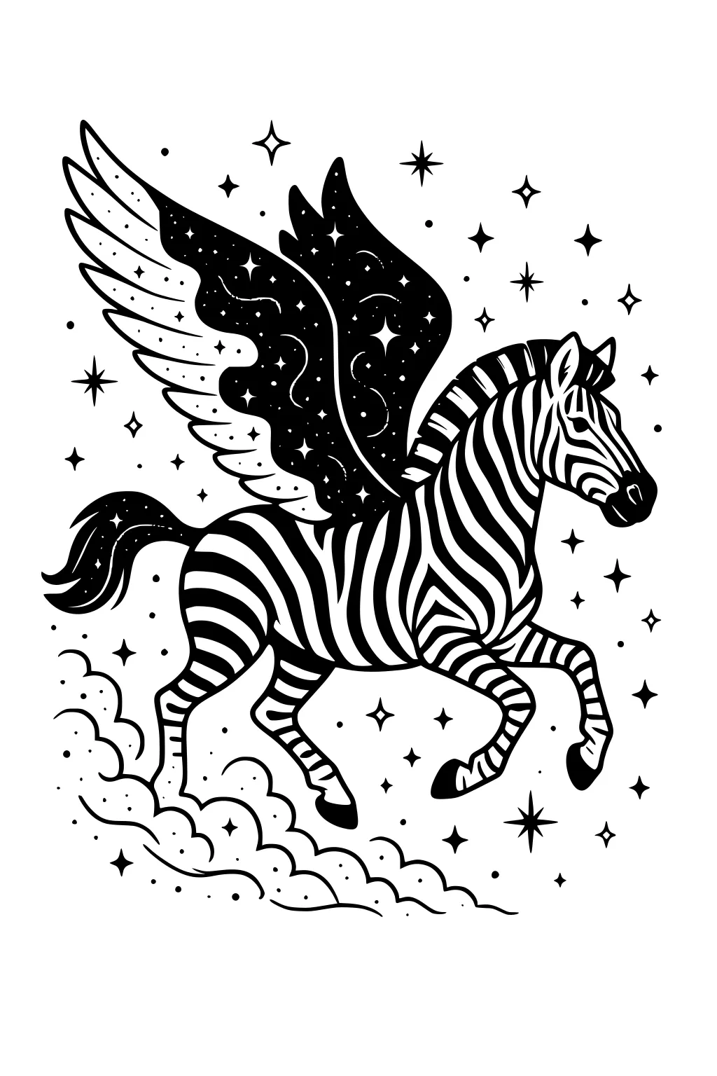 Winged zebra with feathered, starry wings gallops through clouds and scattered stars, bold striped cartoon line art.