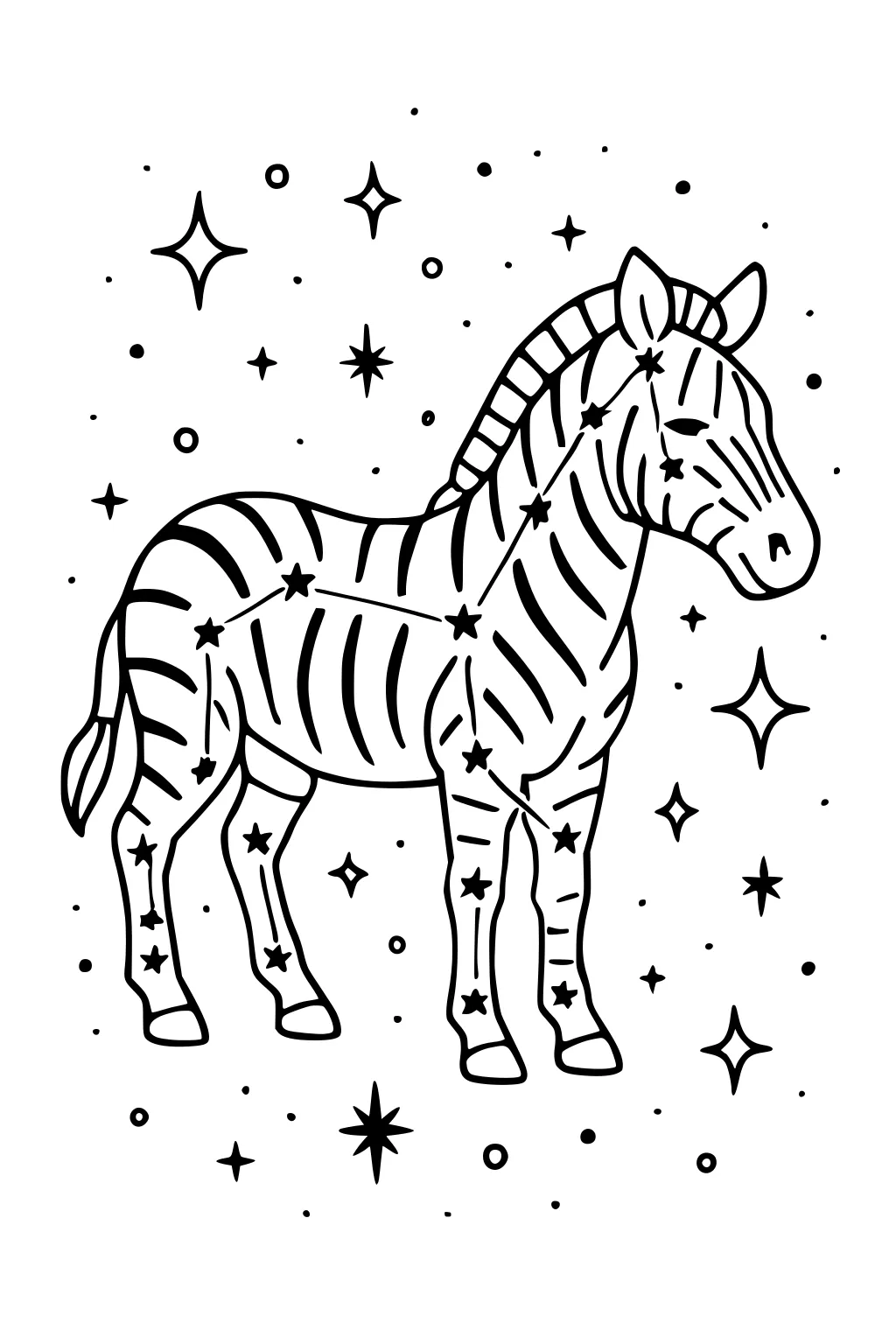 Cartoon zebra with striped body and star shapes, surrounded by sparkles and dots against a night-sky style background.