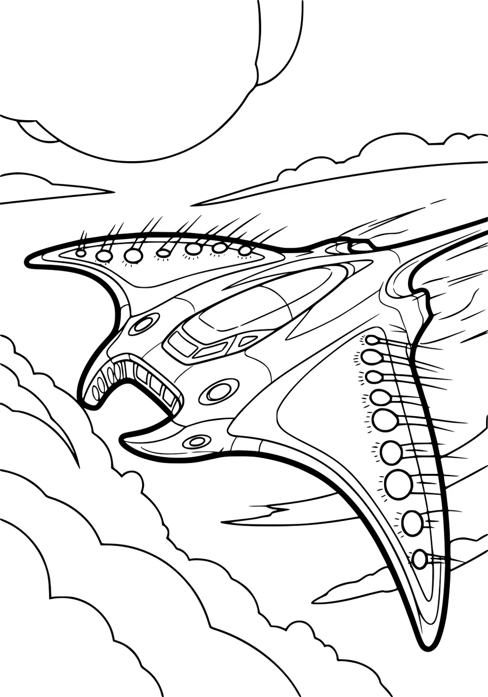 Streamlined winged UFO with porthole lights speeds through clouds under a large sun, cockpit windows and motion lines visible.