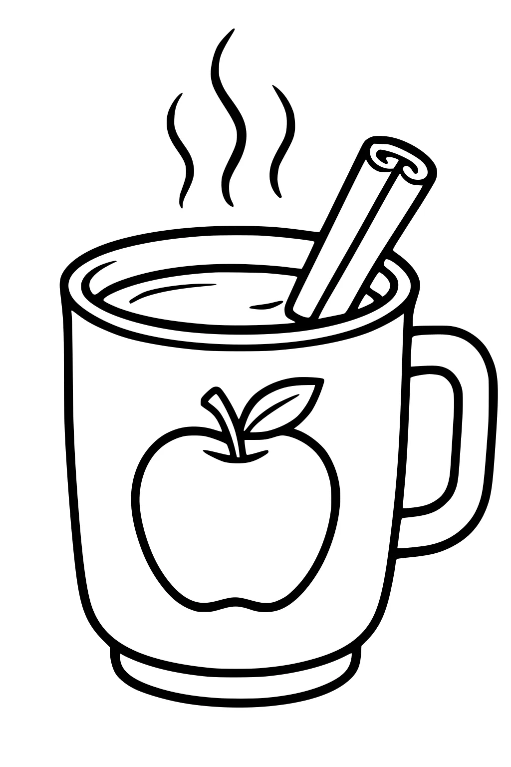 Steaming mug of apple cider with a cinnamon stick and an apple emblem on the cup, outlined in bold lines.