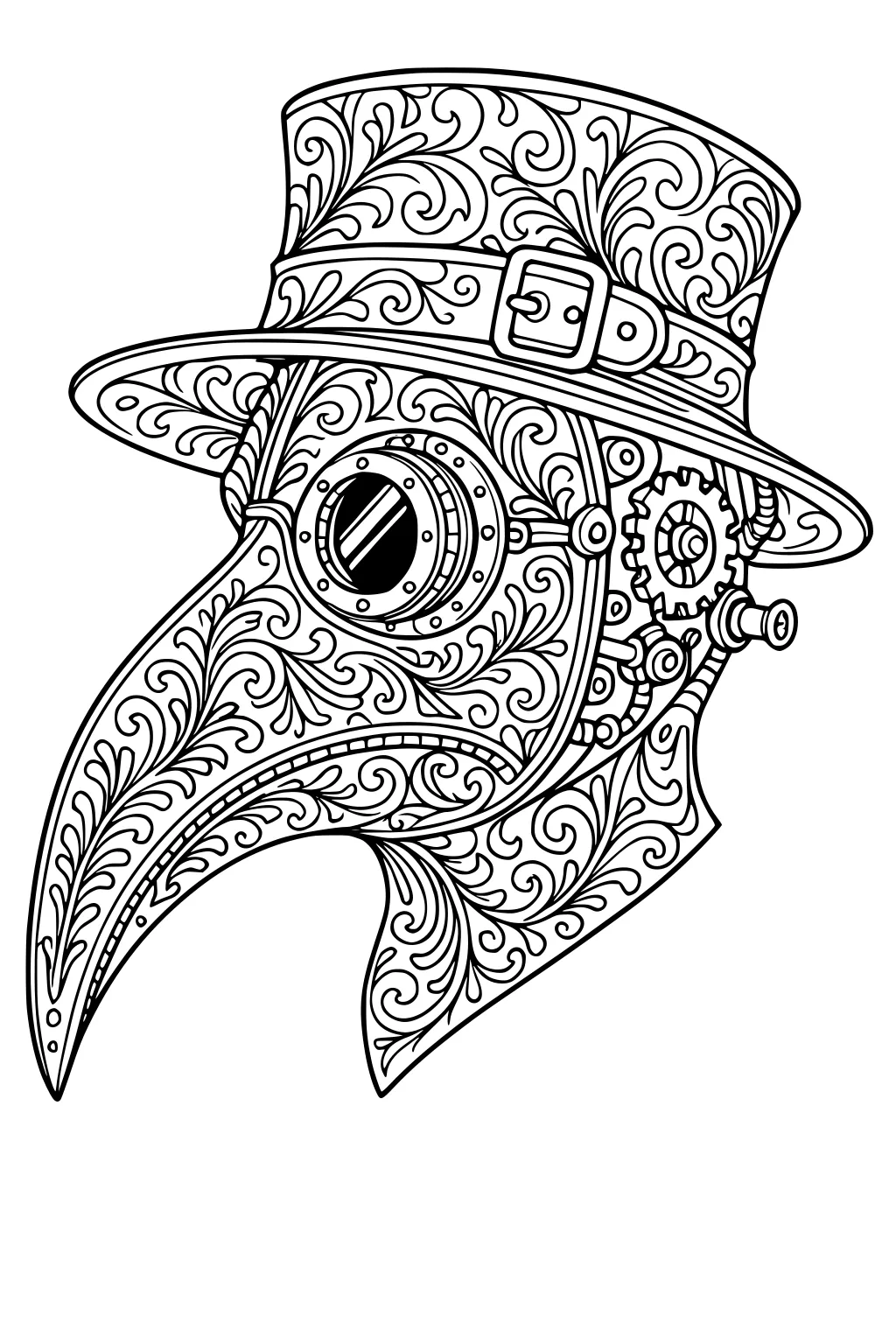 Steampunk plague doctor bird mask in profile with a tall hat, gears, and swirling floral patterns, black outlines on white.