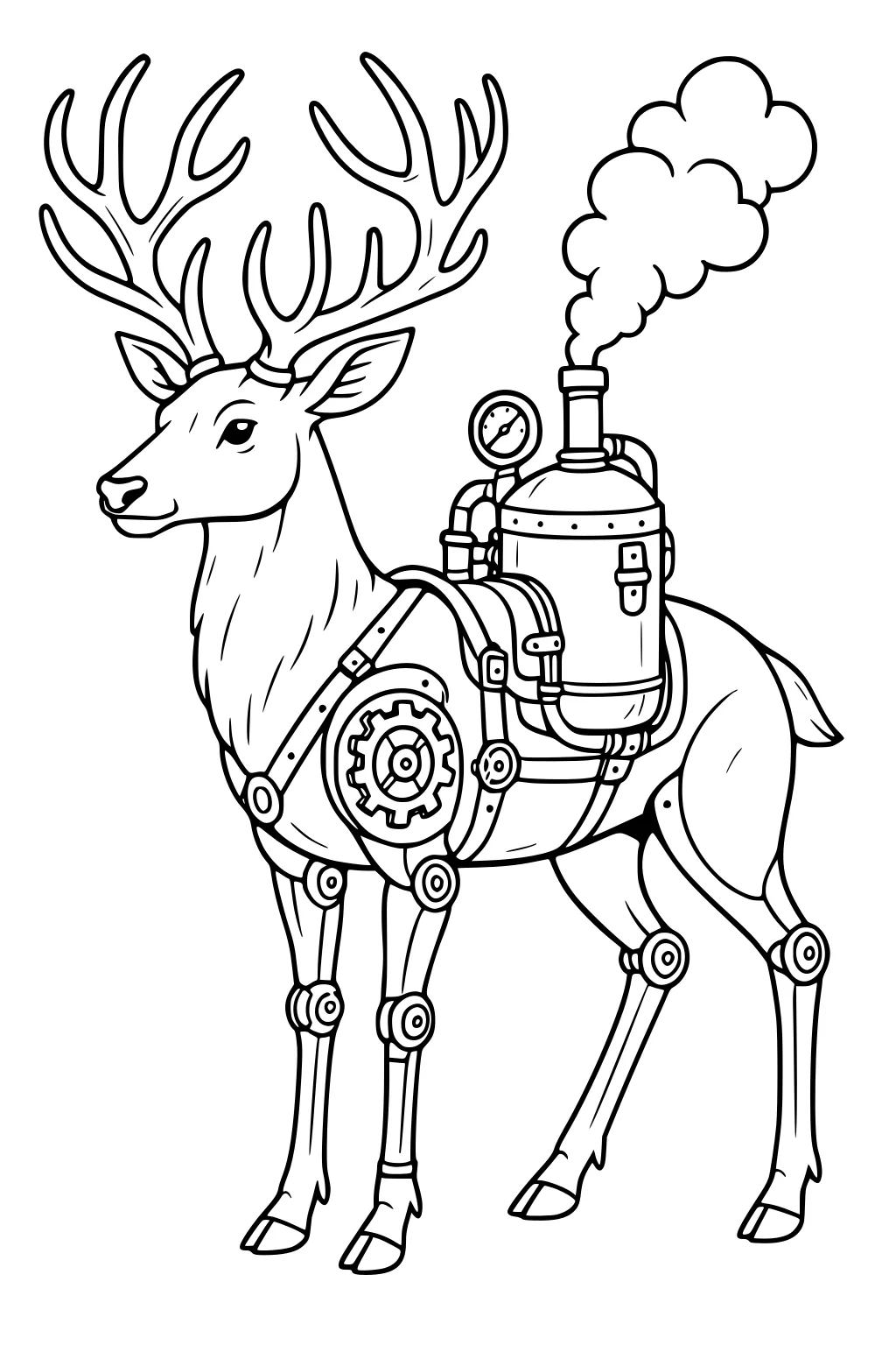 Deer with big antlers wearing a mechanical steampunk pack, gears and joints, smoke puffing from its back.