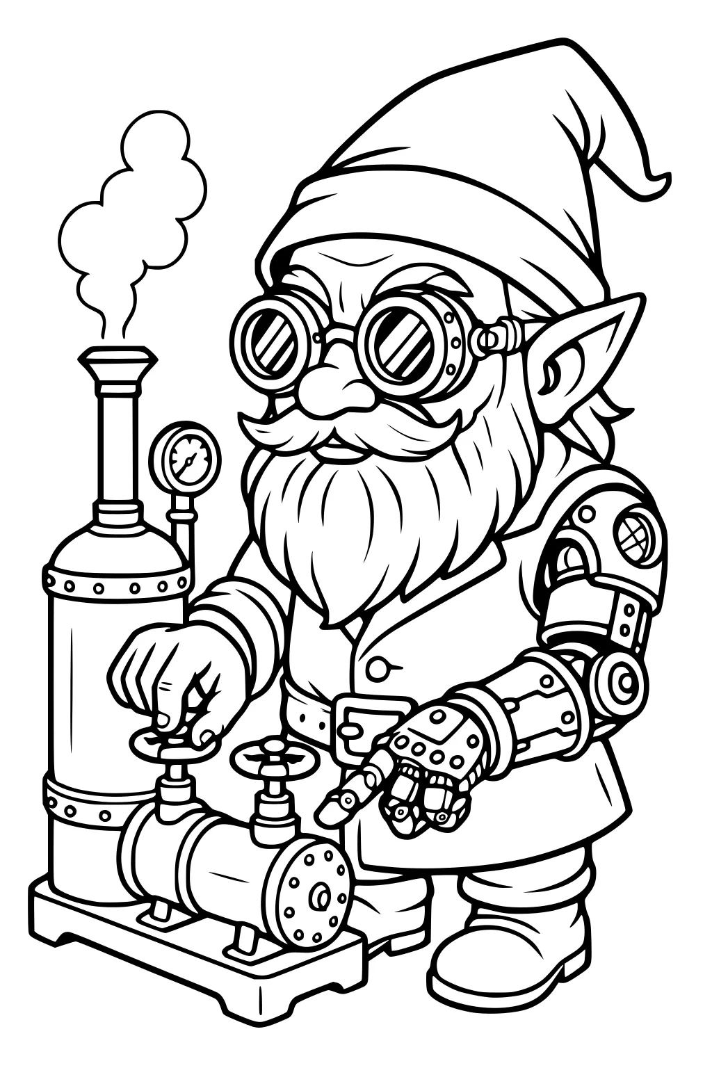 Steampunk gnome with goggles and mechanical arm adjusting valves on a small steam machine with gauge and smokestack.