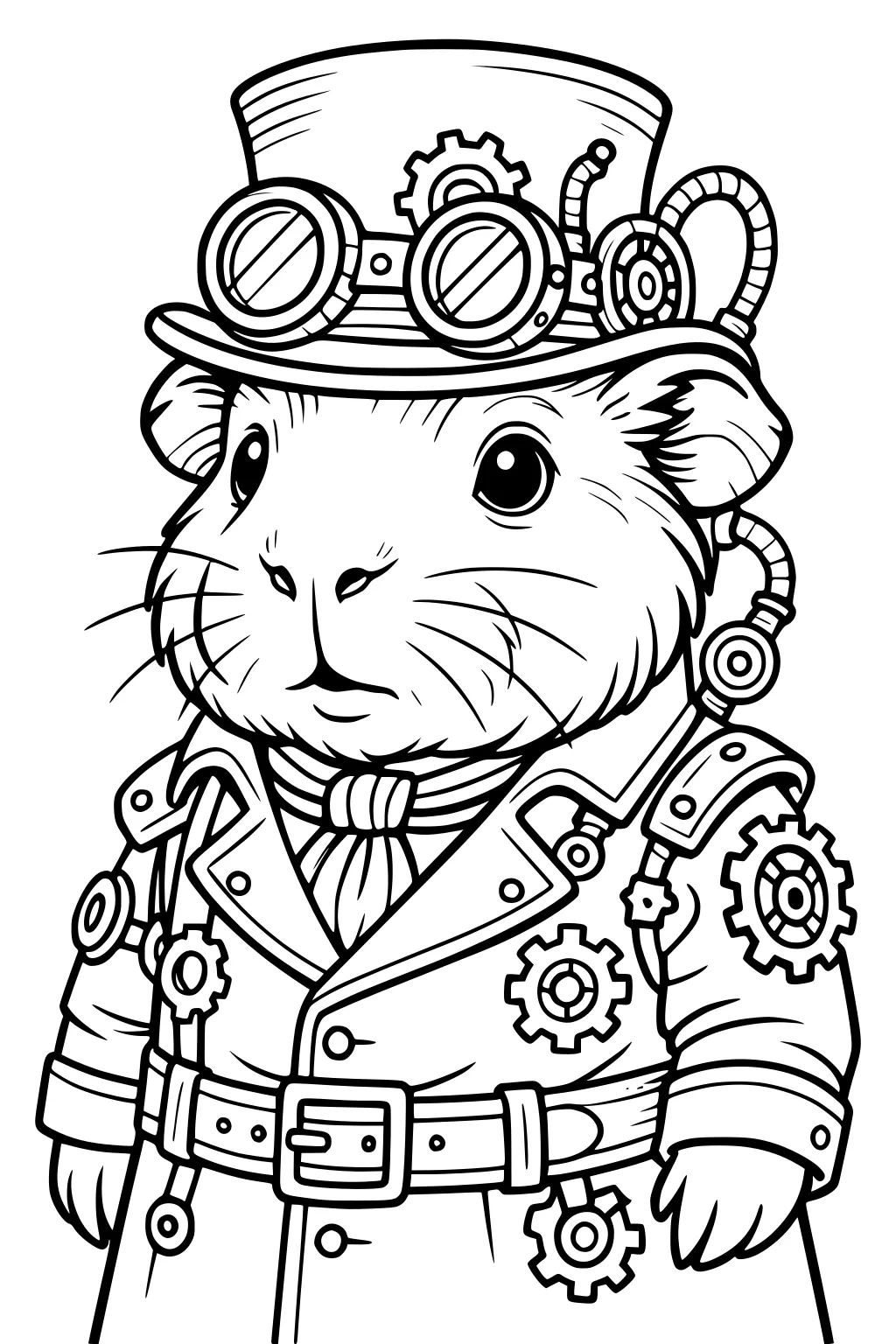 Guinea pig in a steampunk coat with gears, hat, goggles, tubes on arms, and a striped scarf.