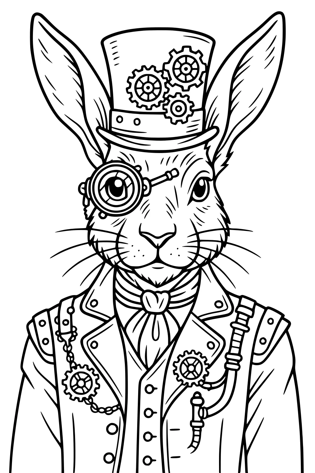 Hare with long ears wearing a steampunk jacket, gear-decorated hat, monocle, and bow tie. Detailed steampunk outfit.