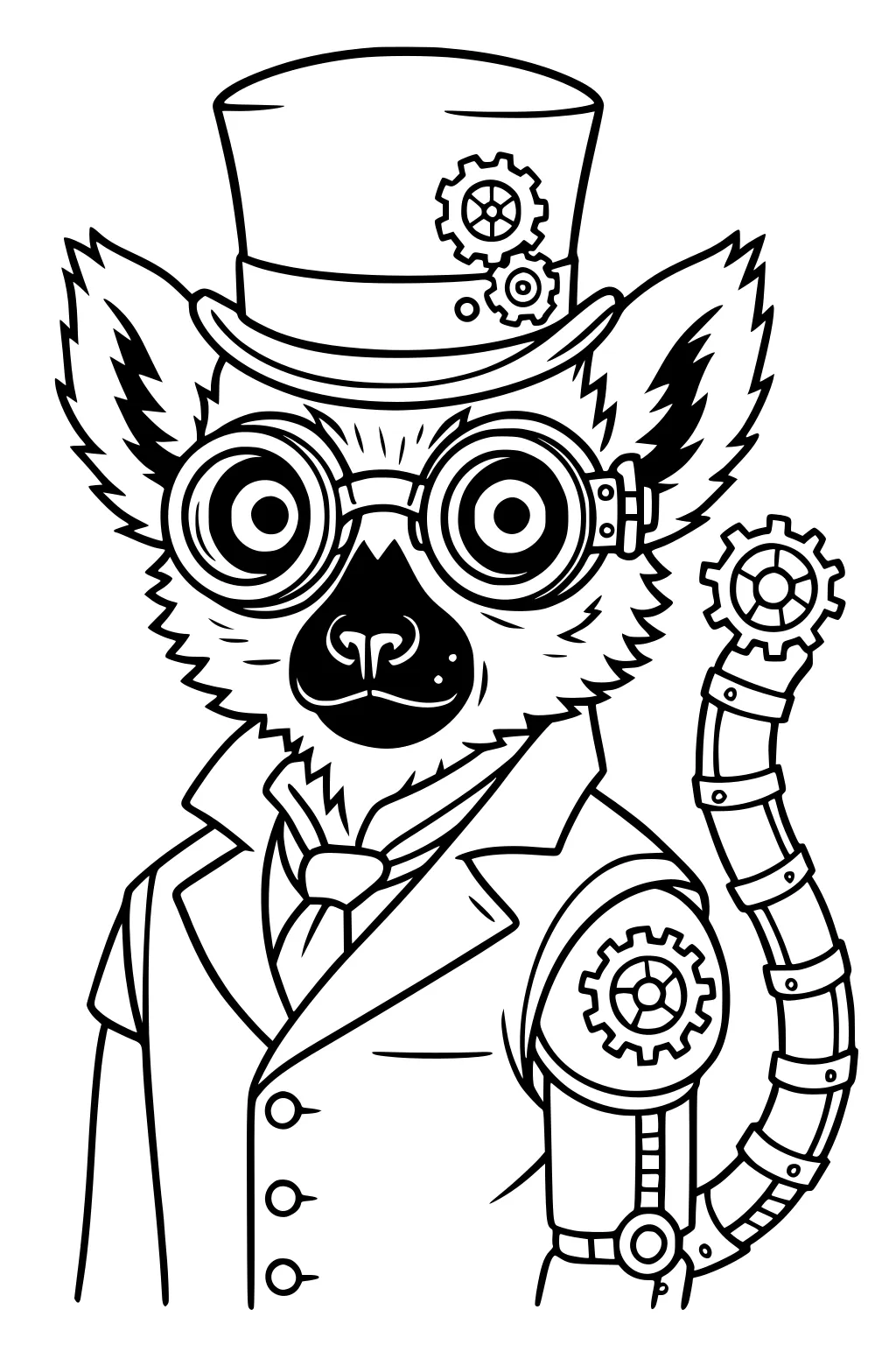Steampunk lemur in suit, tie, top hat with gears, large goggles, and mechanical arm with visible gears and bolts.