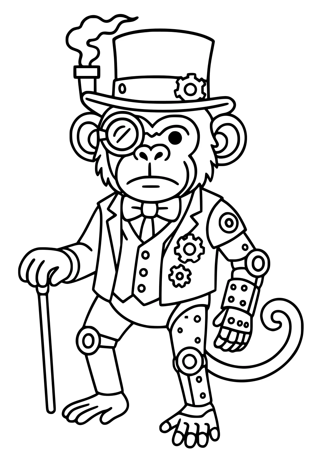 Steampunk monkey with top hat, monocle, gears on vest, mechanical arm, and cane.