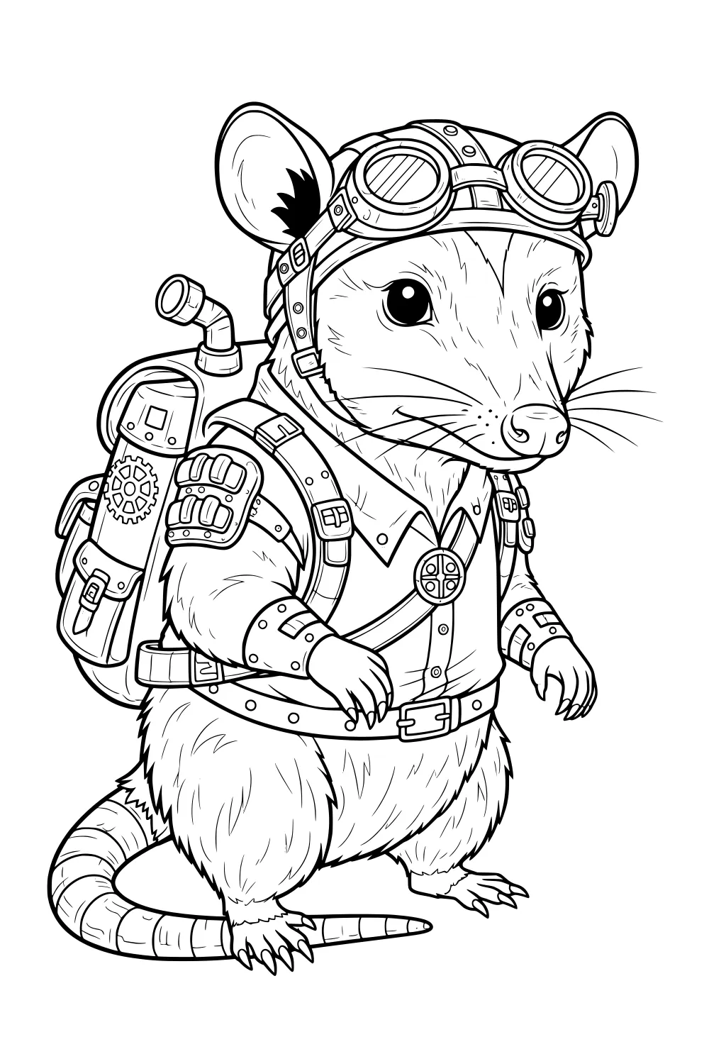Opossum standing upright in explorer gear with goggles and a detailed backpack.