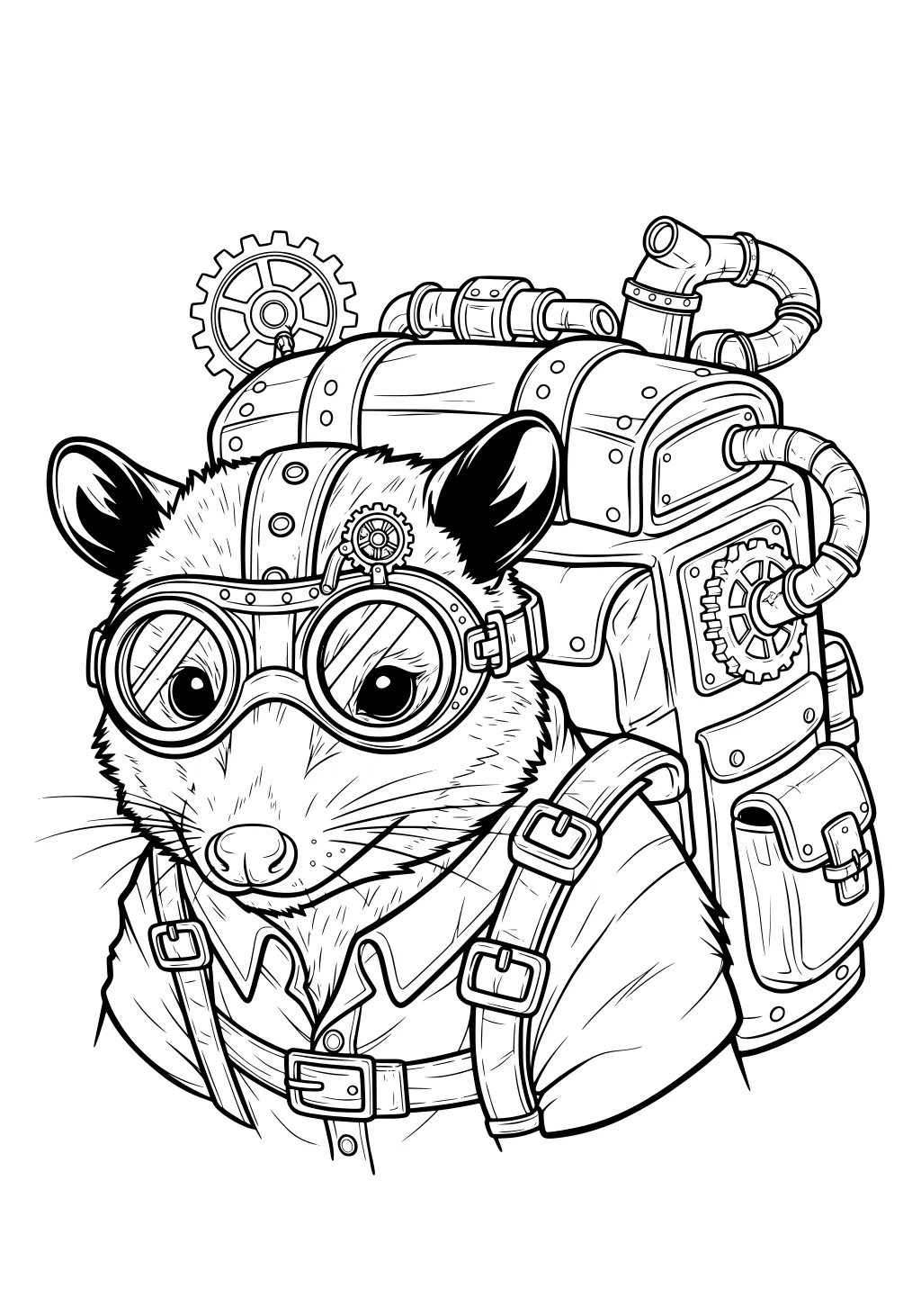 Opossum in goggles and a shirt with a detailed steampunk backpack full of gears and pipes.