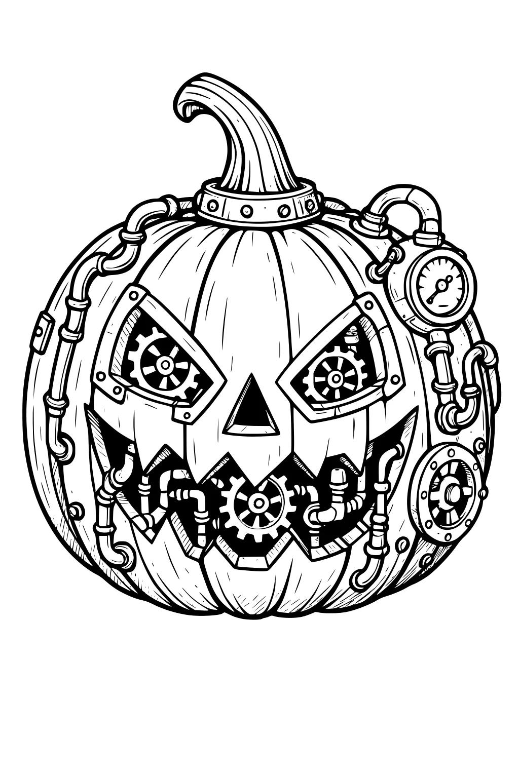 Steampunk jack-o-lantern with gears in eyes and mouth, wrapped in pipes and bolts, with a pressure gauge and curved stem.