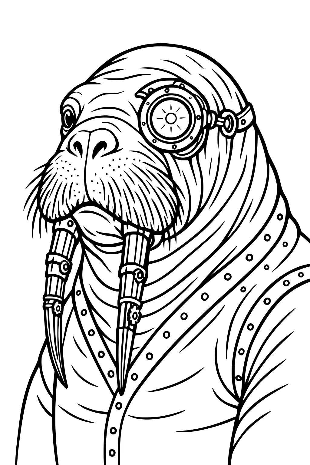 Walrus with mechanical tusks, riveted jacket, and a steampunk monocle strapped over one eye.