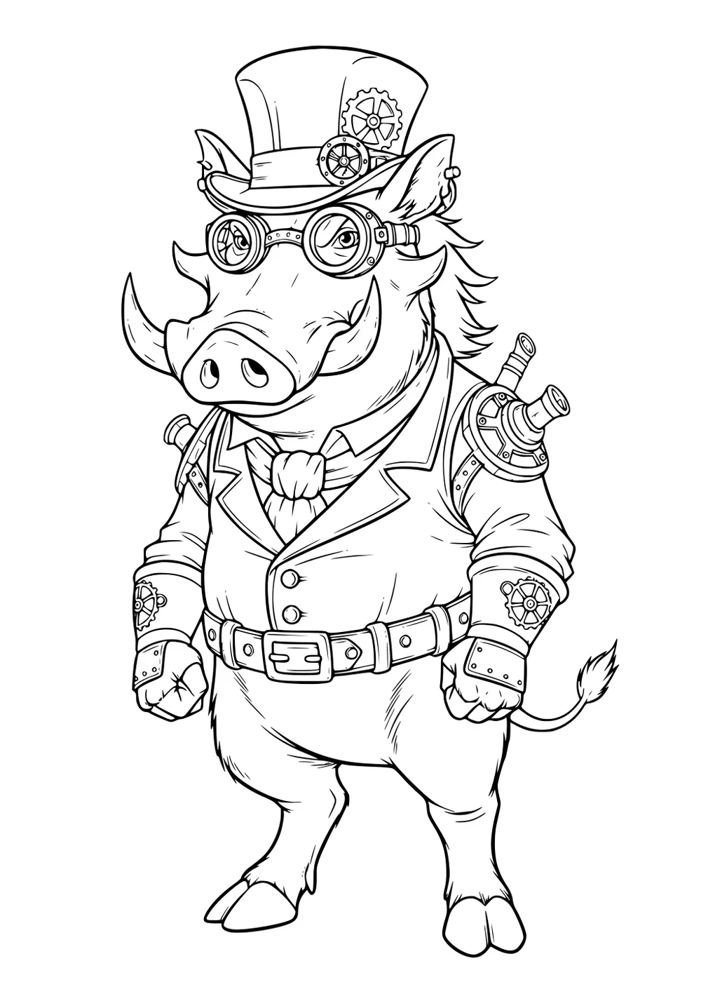 Cartoon warthog in a steampunk suit, wearing goggles and a gear-decorated top hat, with metal gadgets on his arms and shoulders.