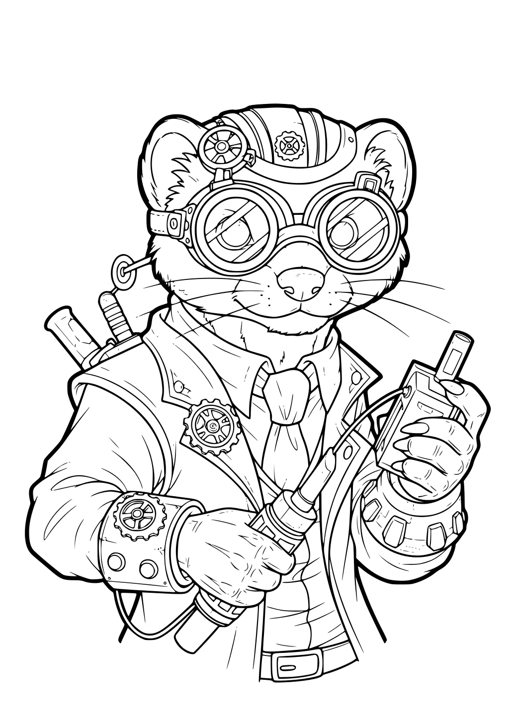 Weasel in goggles and steampunk jacket holding a tool, with gears, buttons, and small tools on his outfit.