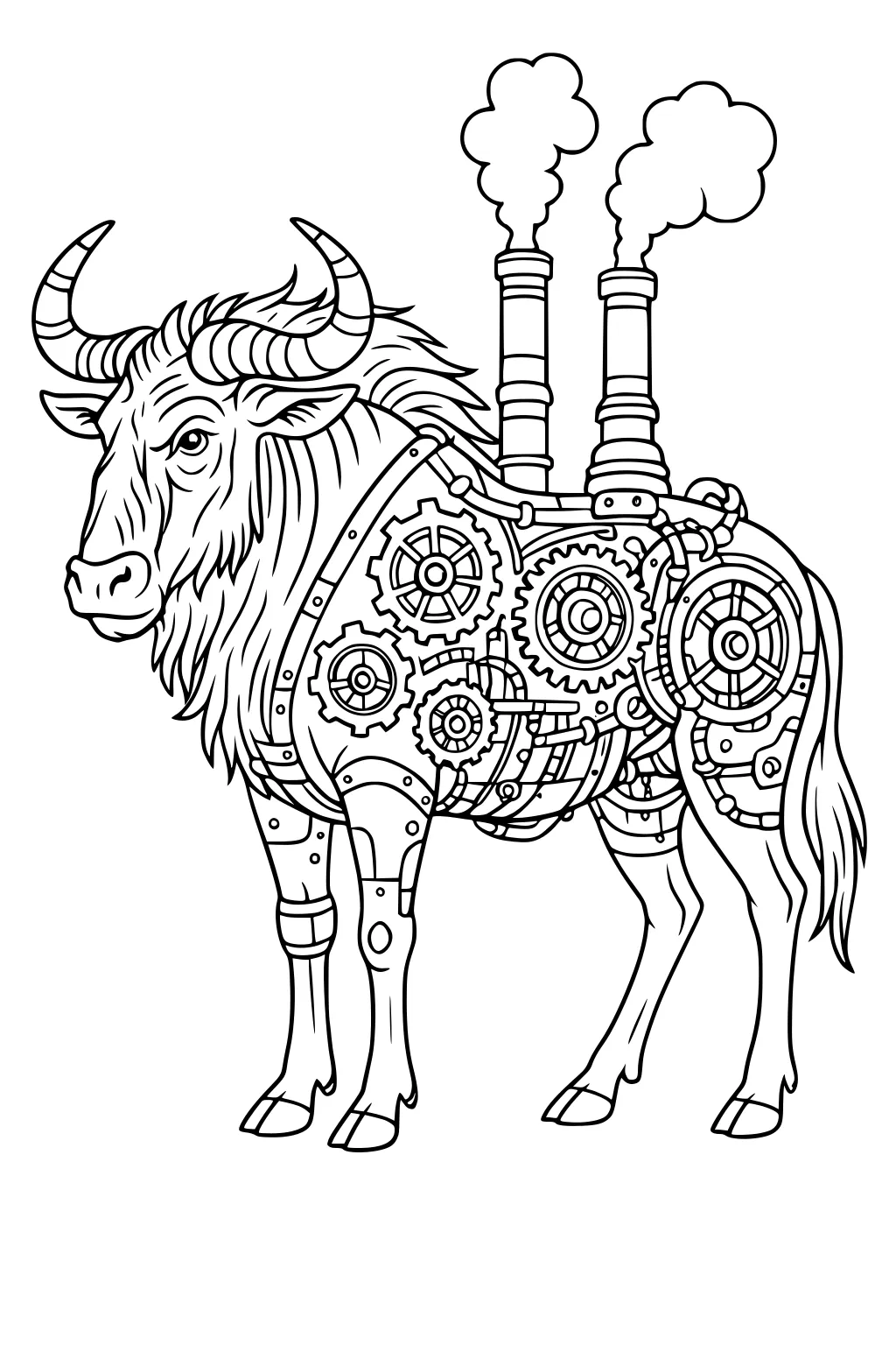 Steampunk wildebeest with striped horns, shaggy mane, exposed gears and pipes, and two smokestacks puffing steam, shown in side view.