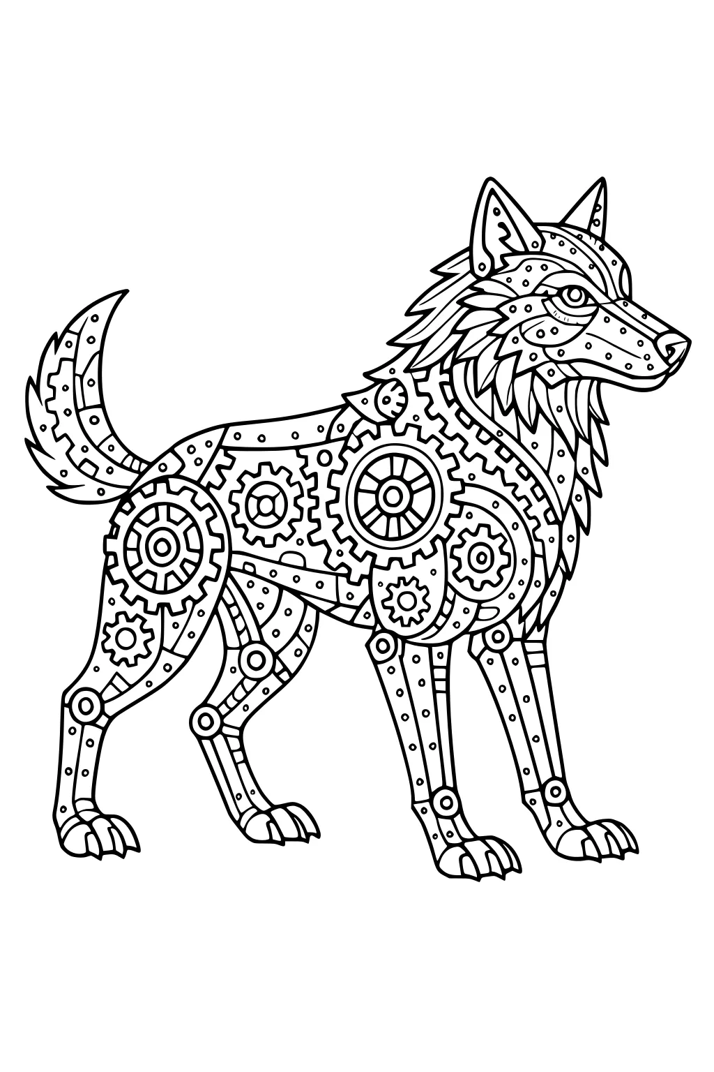 Mechanical wolf with gears and rivets in its body, bushy tail, pointed ears, and layered fur, outlined for coloring.