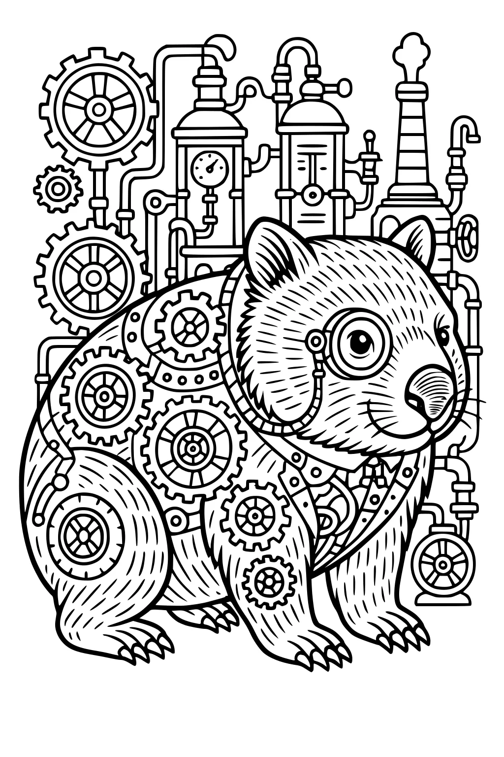 Steampunk wombat with monocle, cog-covered body, surrounded by pipes, gears, gauges, and boilers in a detailed line art scene.