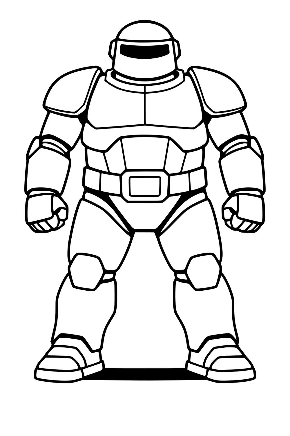 Front-view robot with helmet visor, bulky armor, clenched fists, big boots, thick outlines, standing on a small ground shadow.