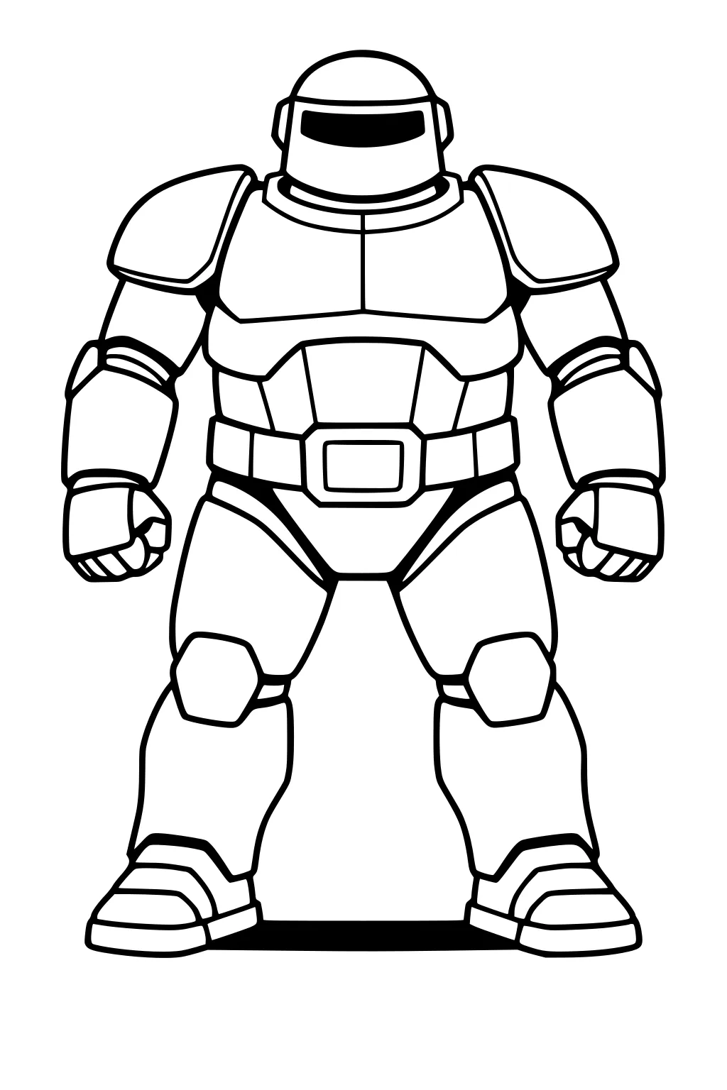 Front-view robot with helmet visor, bulky armor, clenched fists, big boots, thick outlines, standing on a small ground shadow.