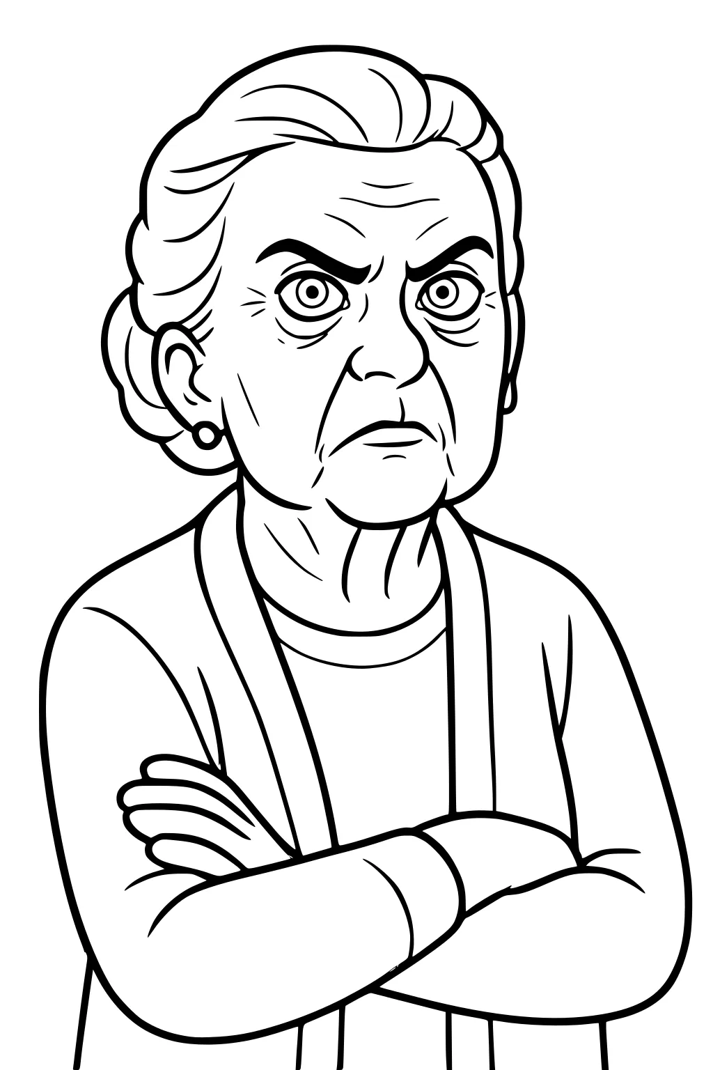 Elderly woman with stern face, arms crossed, cardigan, earrings, bun hairstyle; black line art on a plain background.
