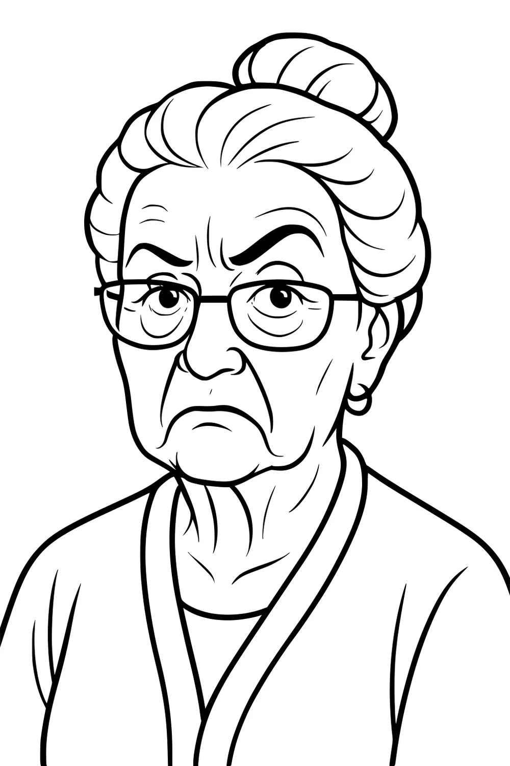 Line art portrait of an elderly grandmother with glasses, hair bun, stern frown, and cardigan, facing forward.