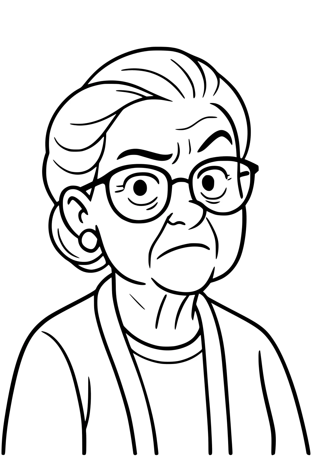 Elderly woman with glasses and bun, slight frown, wearing cardigan and scarf; simple black line portrait on white.
