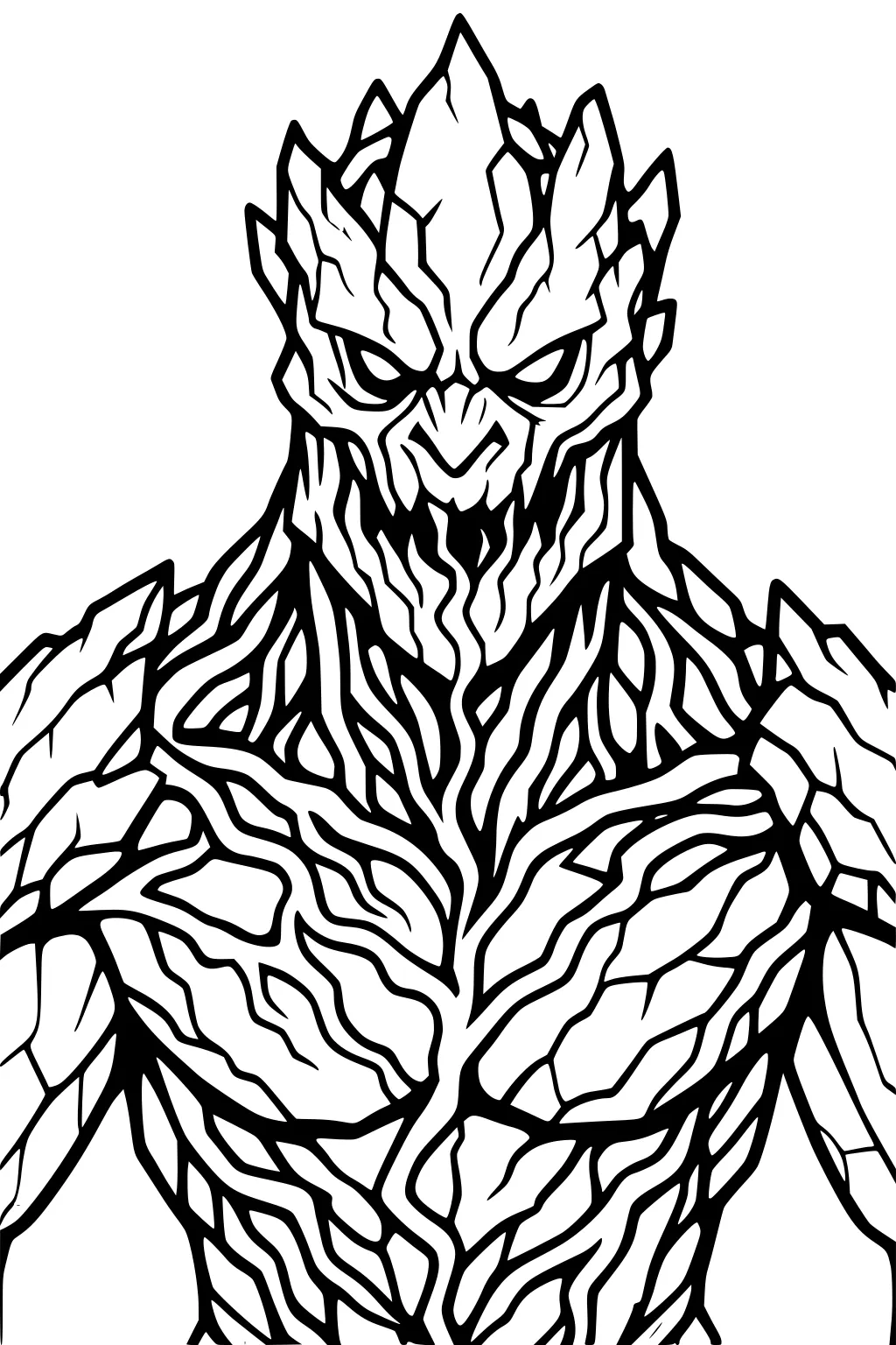Rock elemental boy with jagged stone crown and bark-like cracks across chest and shoulders in bold black outlines on white.