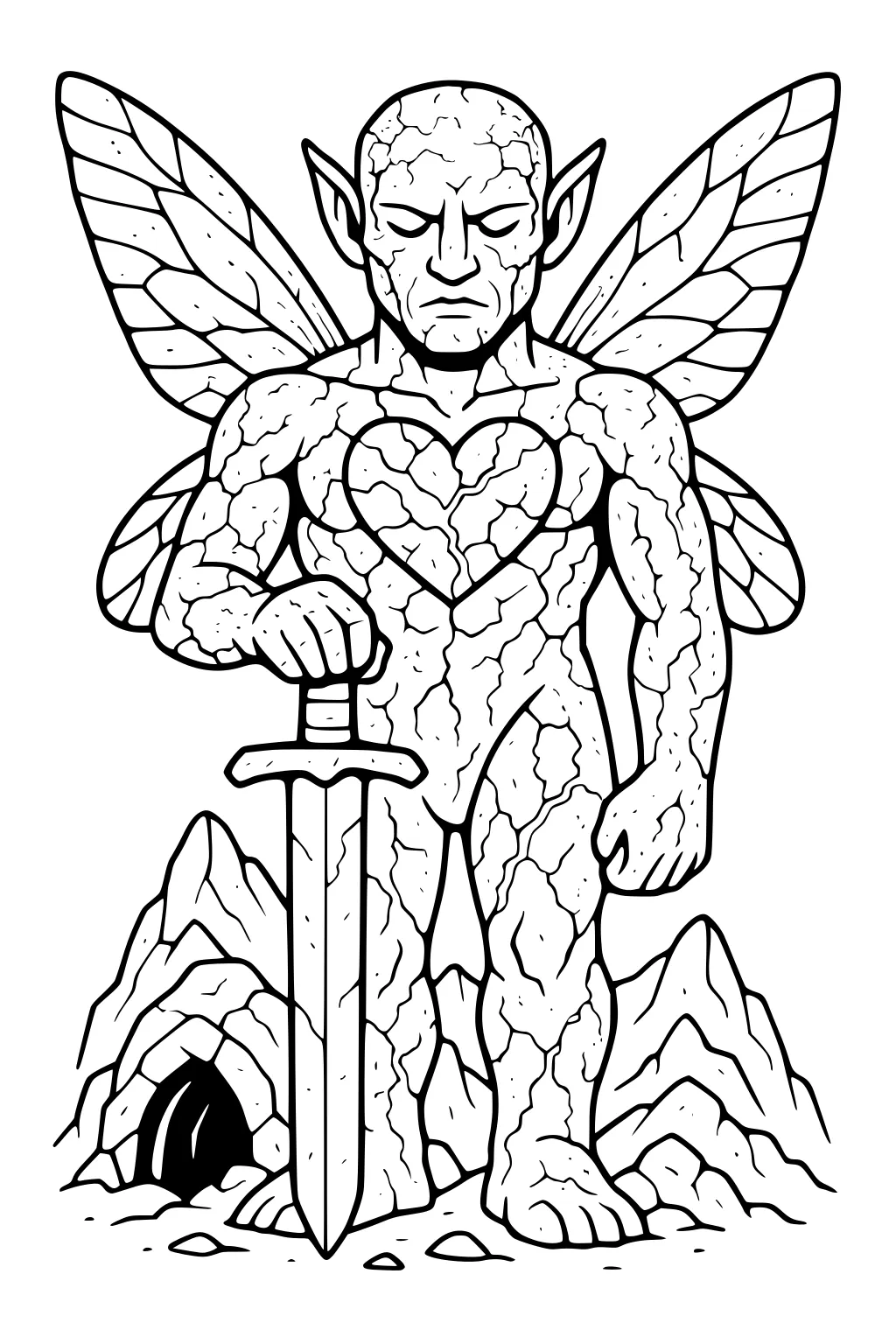 Stone-skinned male fairy with large veined wings holds a sword point-down among rocky mountains and a cave, heart emblem on chest.