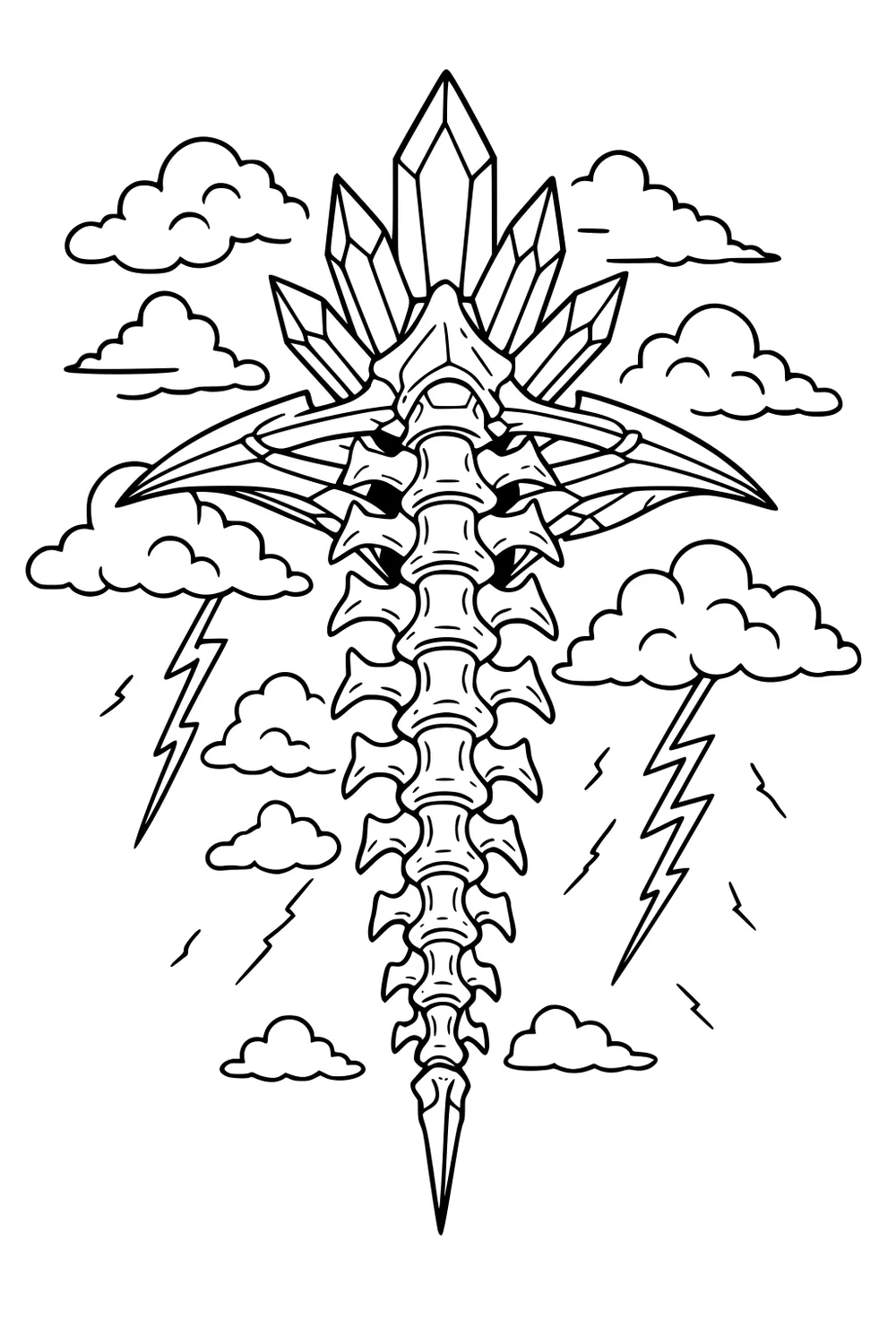 Crystal-tipped UFO with segmented body floats among clouds and lightning bolts in a stormy sky, outlined for coloring.