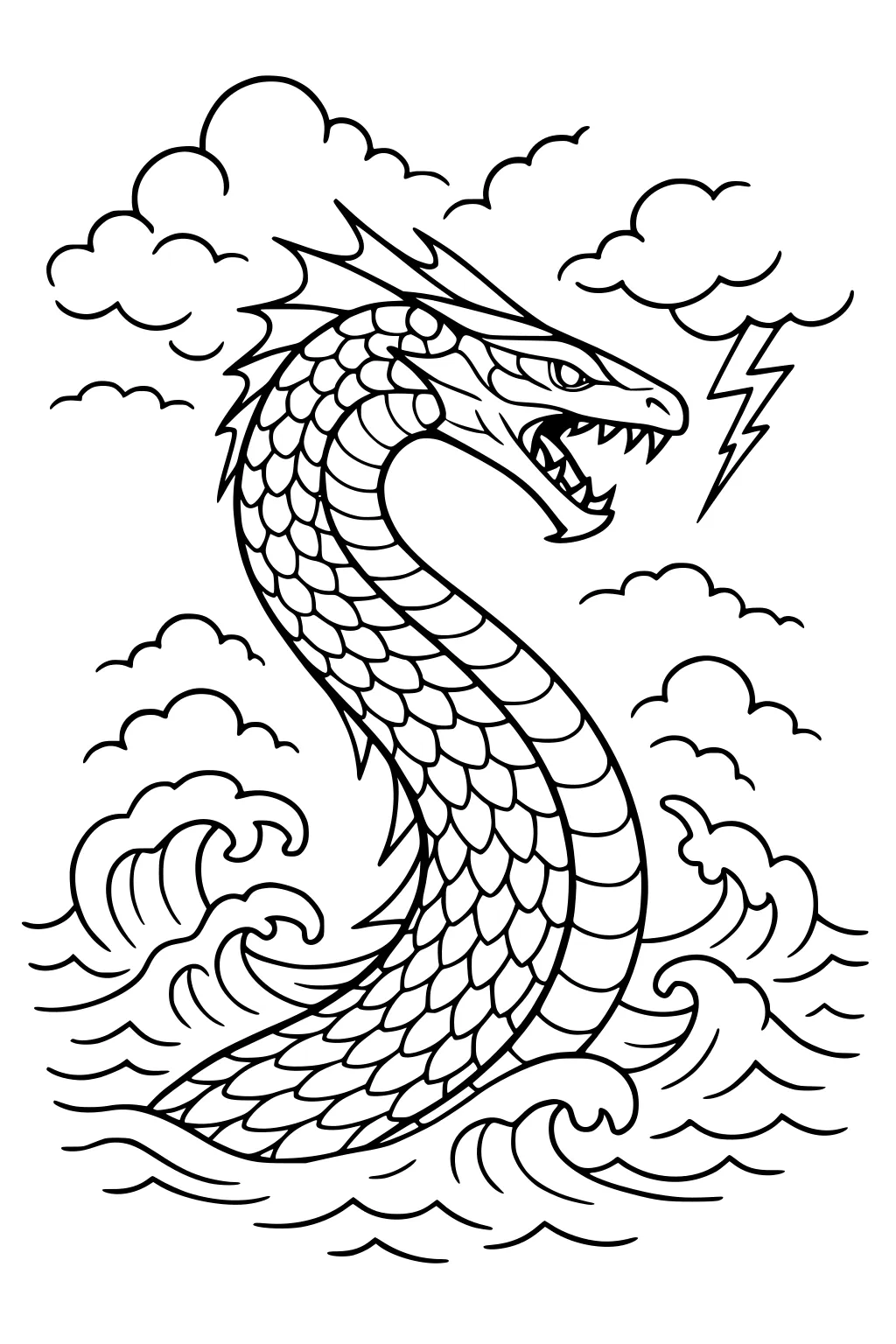 Sea serpent rises from waves, scaled body curving in an S, open mouth with teeth, storm clouds and a lightning bolt overhead.