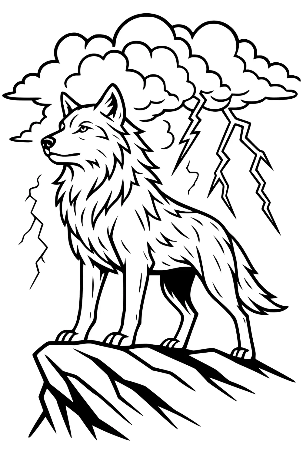 Wolf on rocky cliff under storm clouds with zigzag lightning; line art with thick fur, perked ears, and bold outlines.