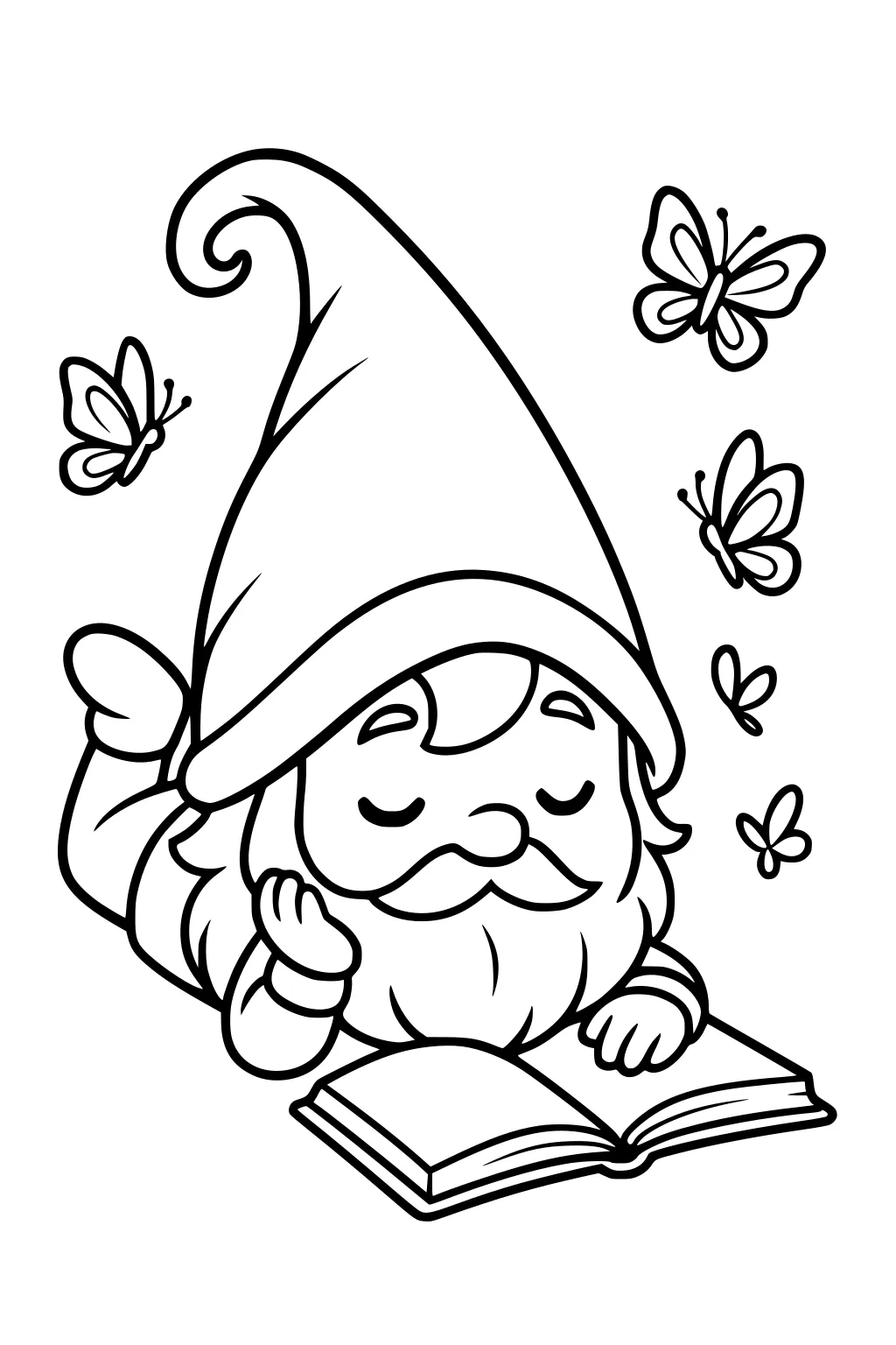 Cartoon gnome with tall hat lying on his tummy reading an open book, eyes closed, with five butterflies fluttering around.