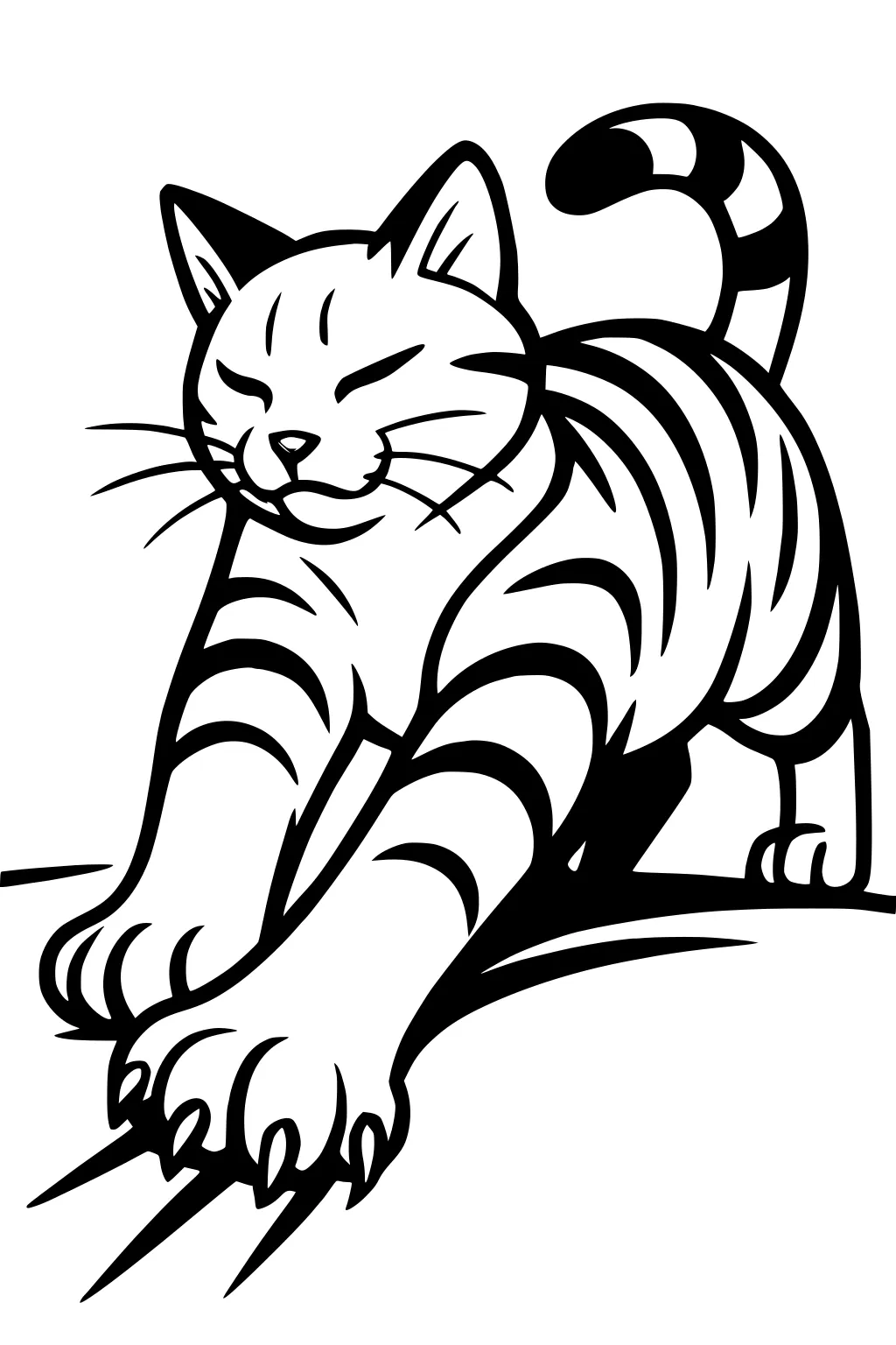 Striped cat stretching forward, eyes closed, with raised tail, visible claws, and prominent whiskers.