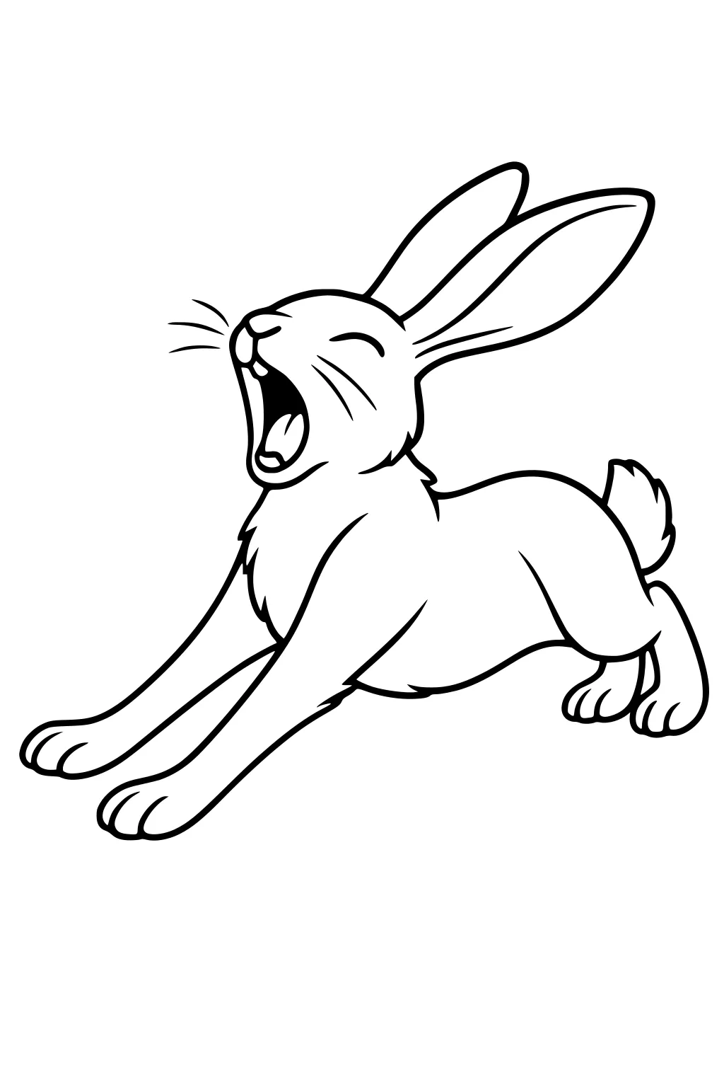 Hare stretching and yawning with its front legs outstretched and ears upright