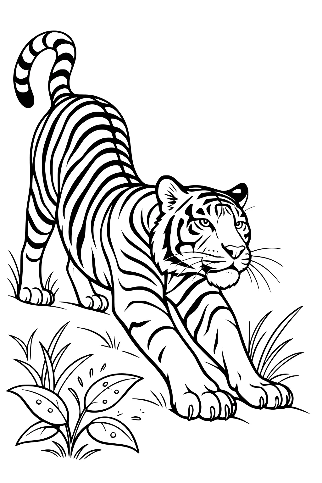 Tiger with striped fur stretches in tall grass near bushes, arching his back and looking forward.