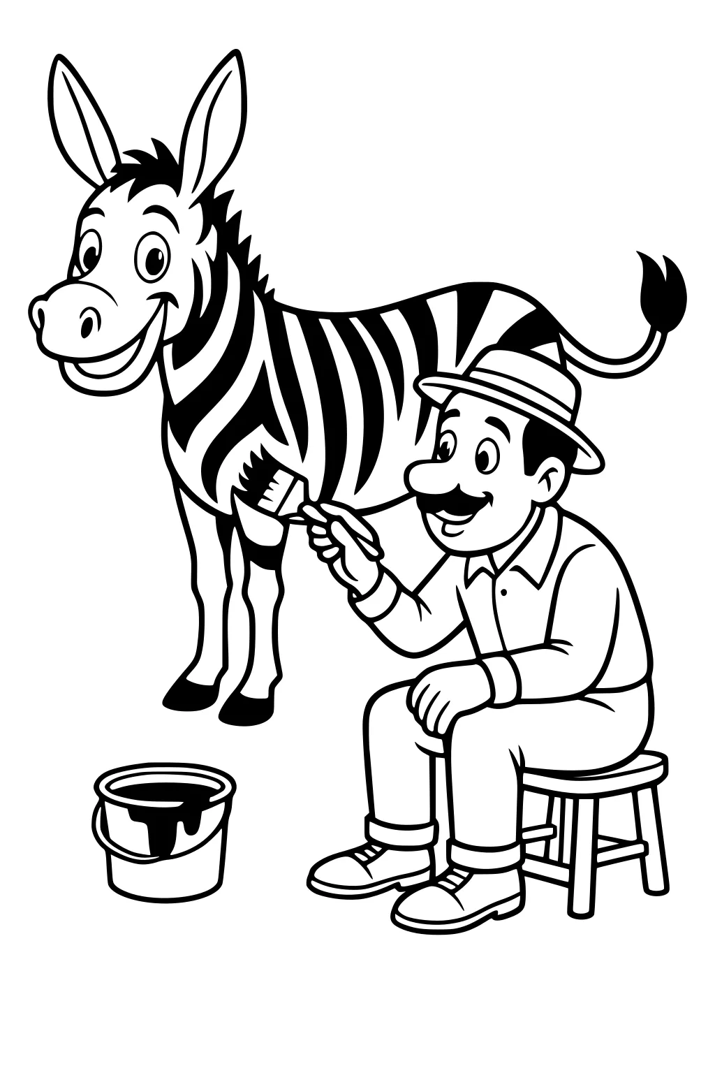 Man on stool paints zebra stripes on smiling donkey using large paintbrush and bucket.