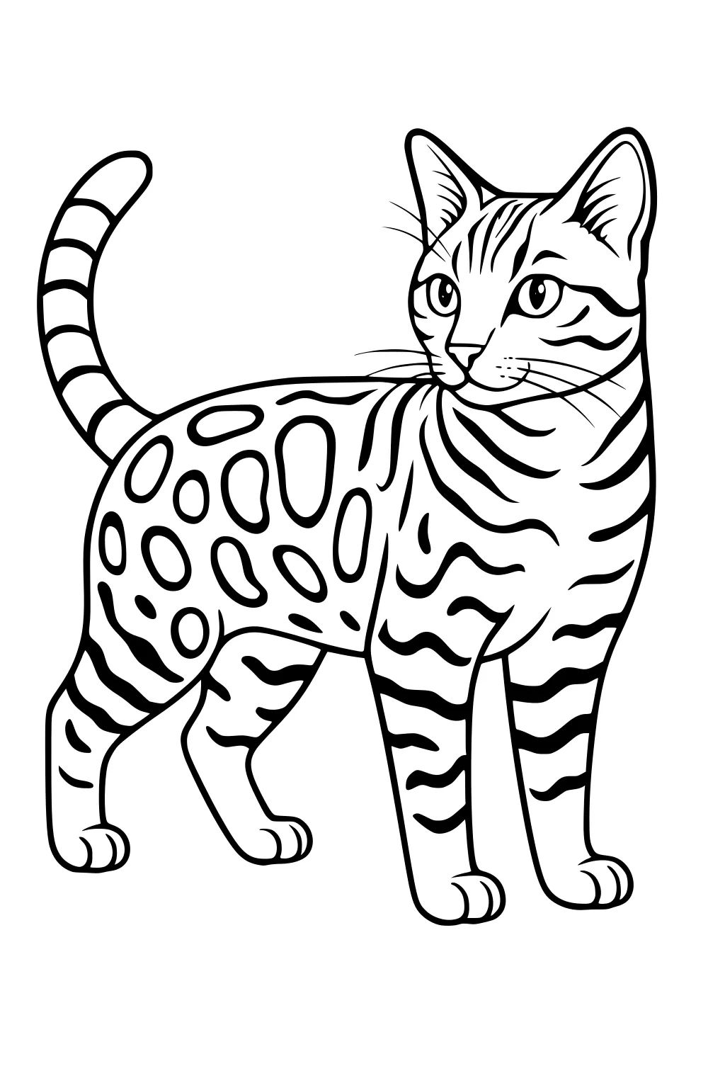 Domestic cat with big eyes, upright ears, and a tail, covered in stripes and spots, standing and facing forward.