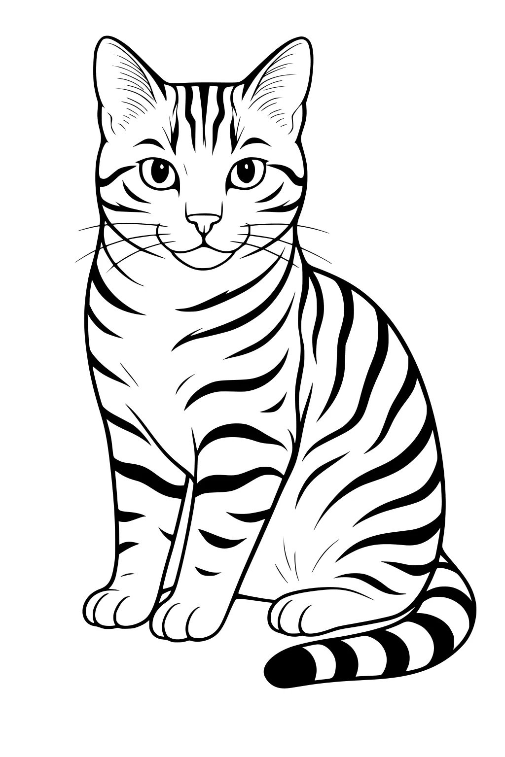 Line drawing of a striped cat sitting upright with pointy ears, long striped tail, and large open eyes.