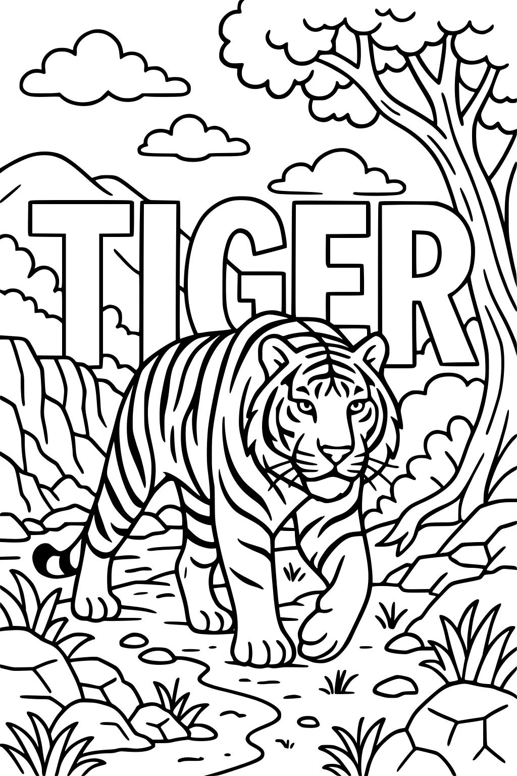 Tiger with stripes walks on rocky jungle path, grass and rocks around, big tree and TIGER text in background, clouds above.