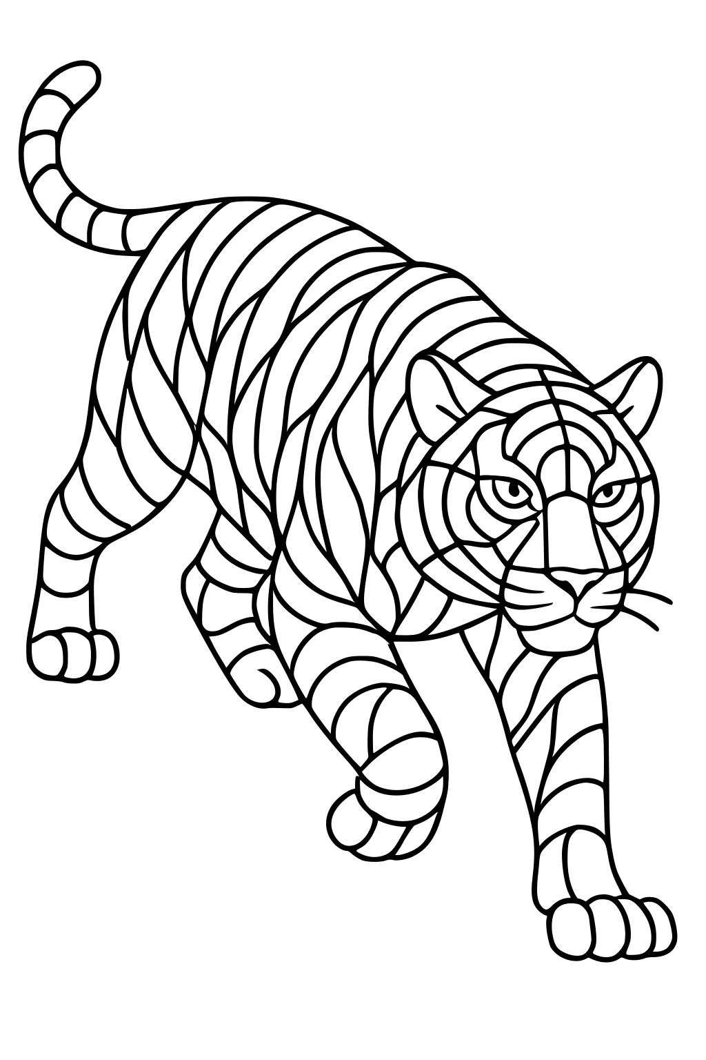 A tiger walking forward with bold curved stripes covering its body, head, legs, and tail, all outlined in black.