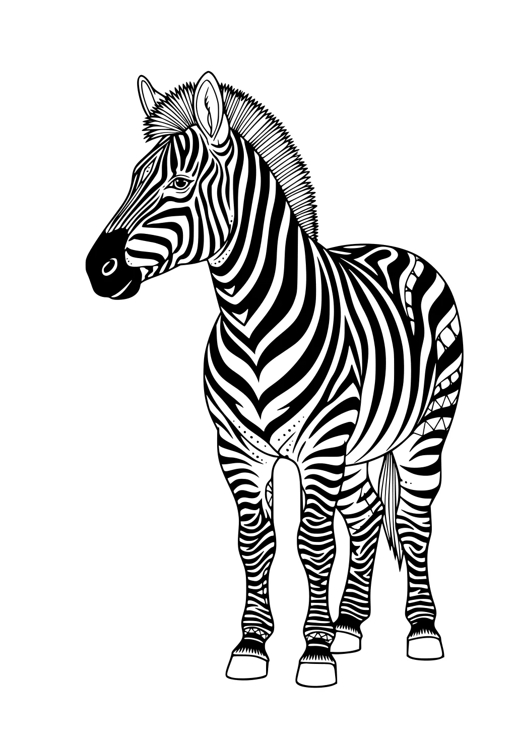 Line drawing of a zebra with bold stripes, upright mane, pointed ears, and slim legs, standing on a plain white background.
