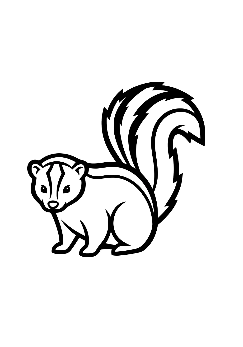 Cartoon skunk with rounded ears and striped bushy tail, sitting upright, outlined in black on a white background.