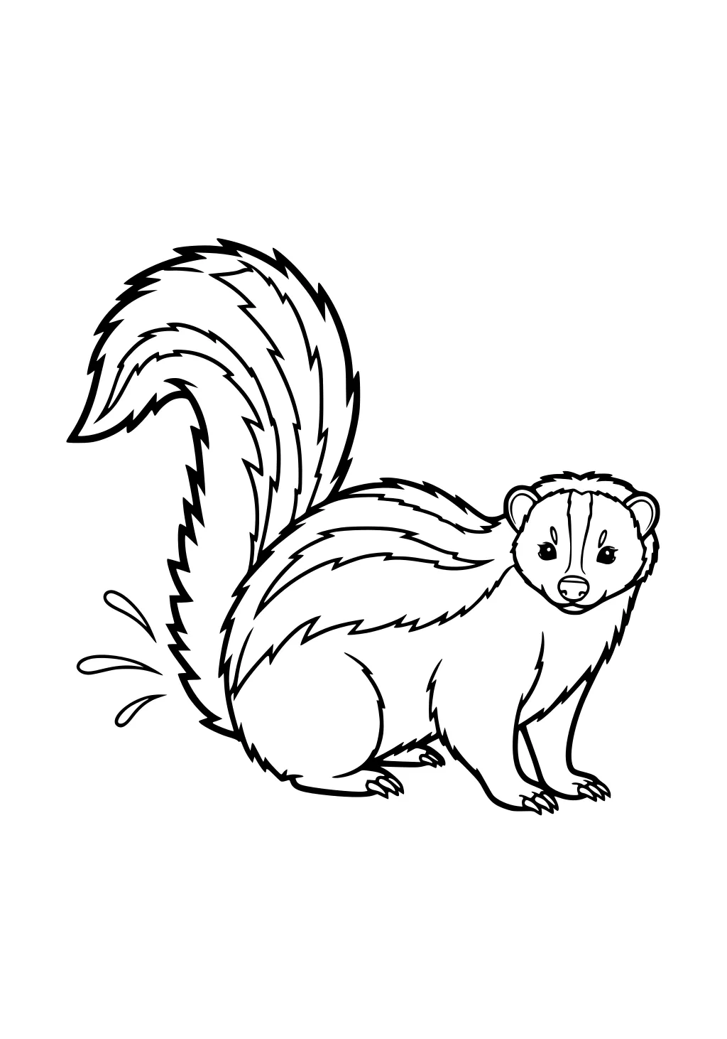 Outline drawing of a skunk with bushy tail up, striped fur, and small spray behind it.
