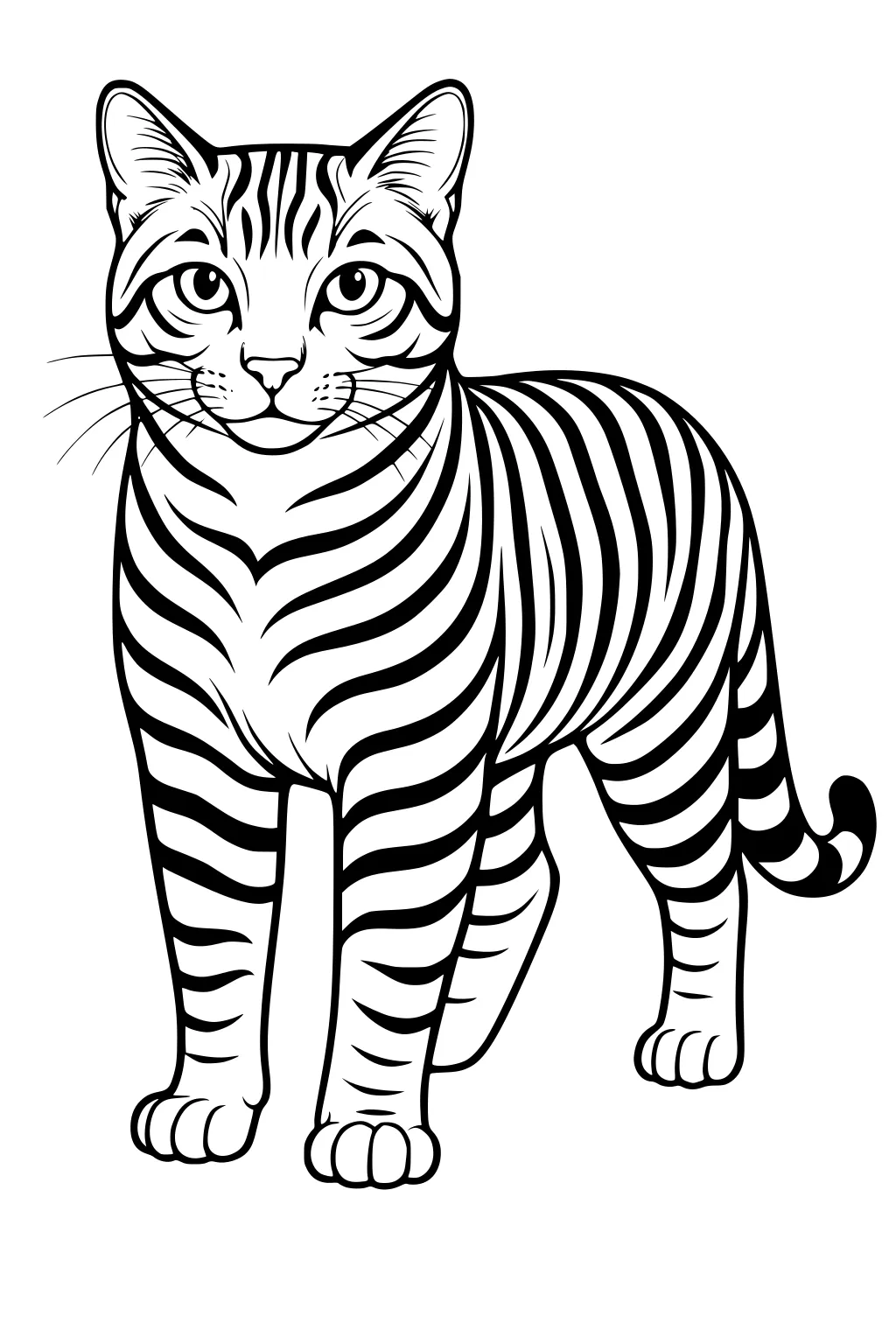 Standing tabby cat with bold stripes, upright ears, and a curved tail drawn in black outlines on a white background.