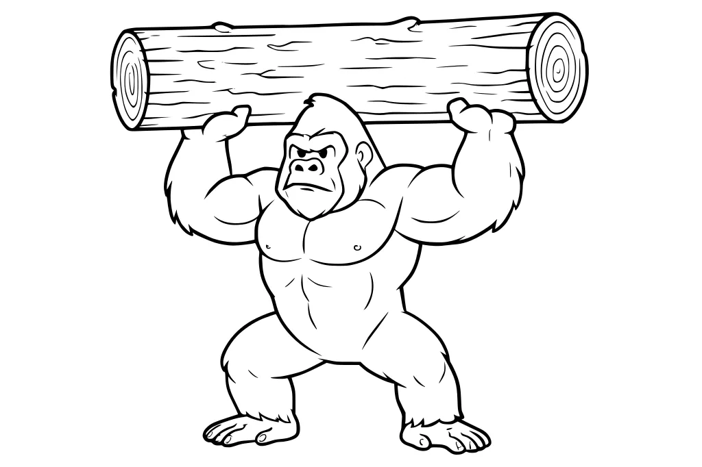 Muscular gorilla lifting a large log above his head with both hands, standing upright with a serious face.