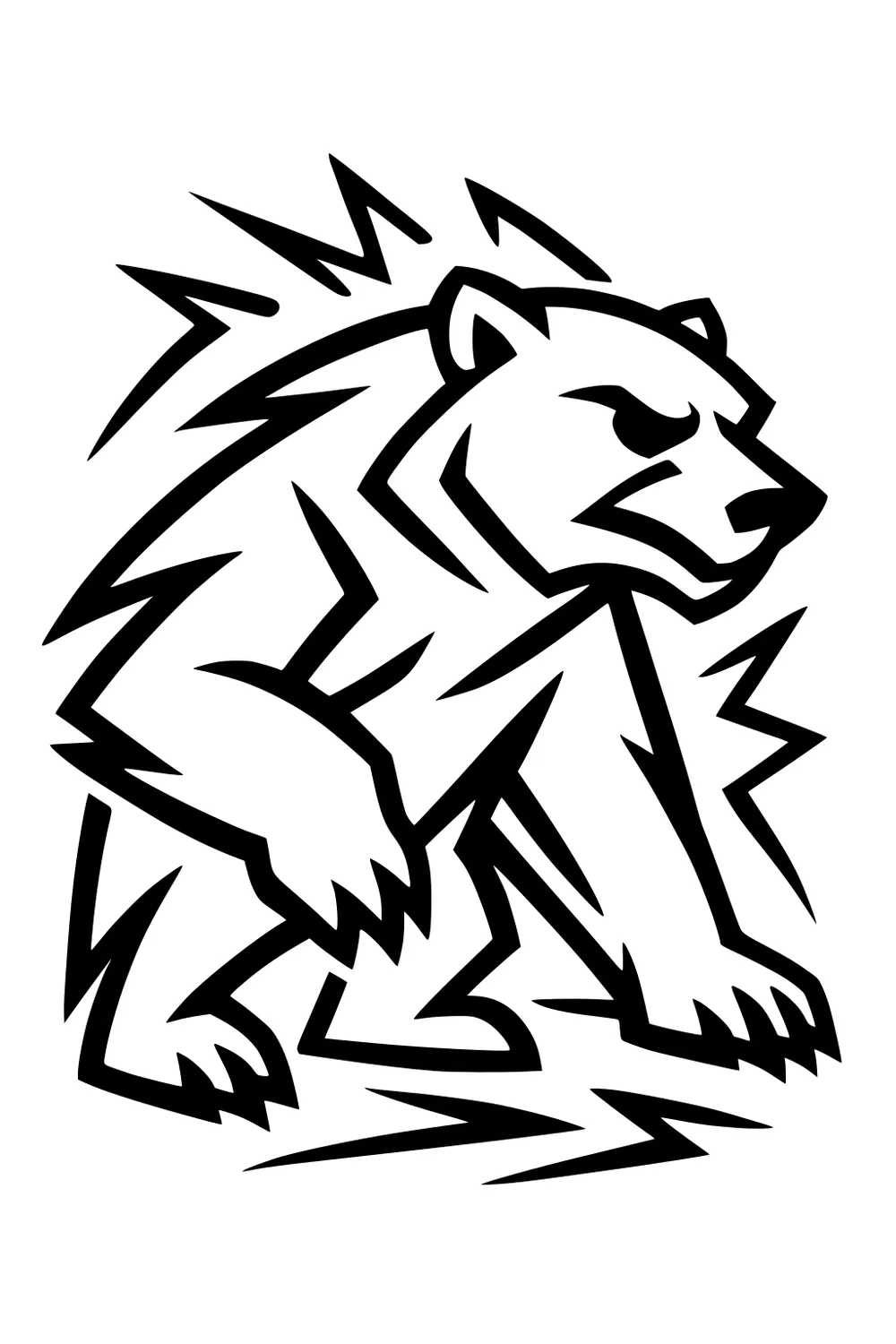 Stylized polar bear with spiky zig-zag outlines, large paws, and strong stance in bold black lines.
