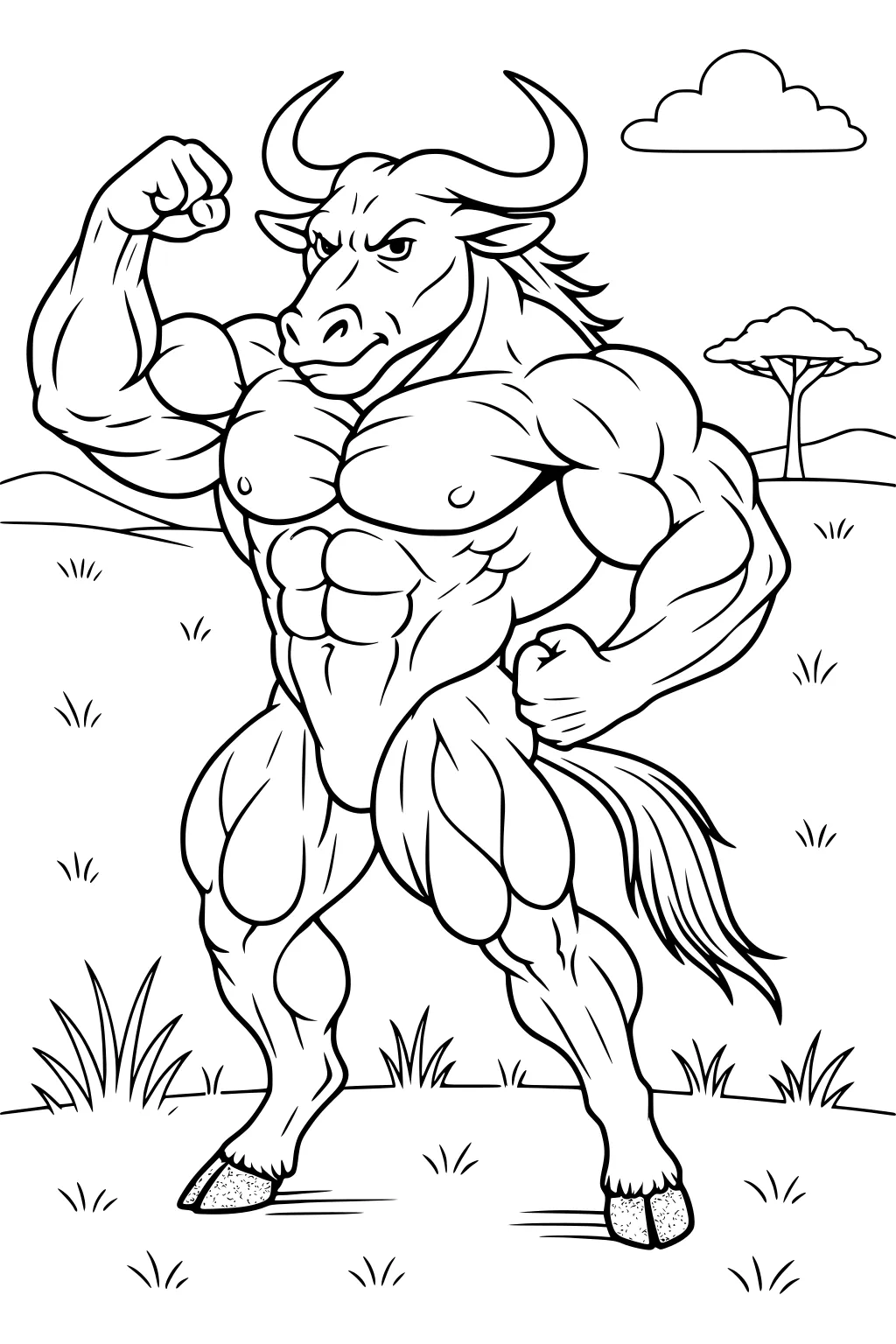 Cartoon muscular wildebeest flexing in a grassy savannah with a tree and clouds in the background.