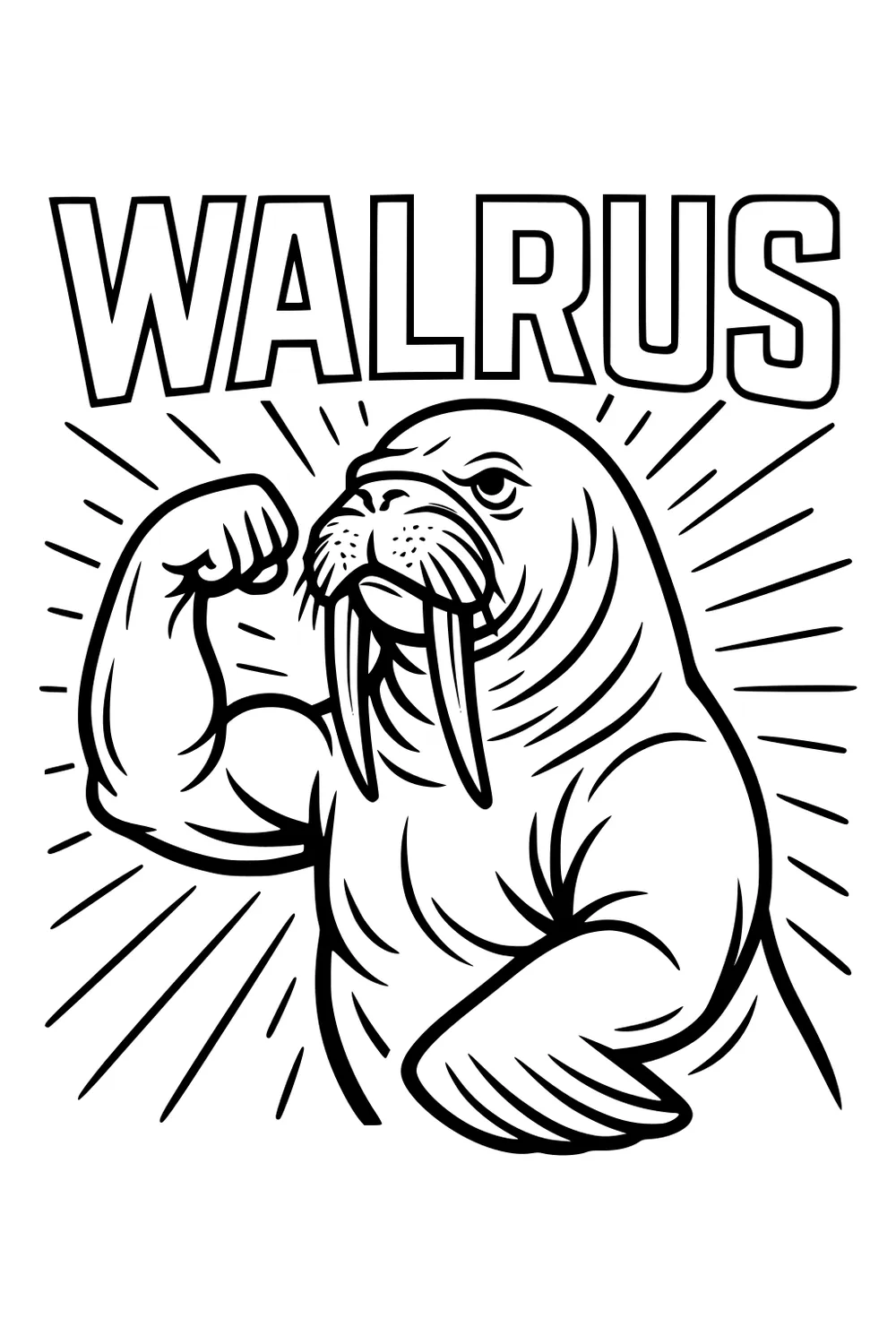 Cartoon walrus flexing a muscle, big tusks, sunburst lines, and bold WALRUS lettering above.