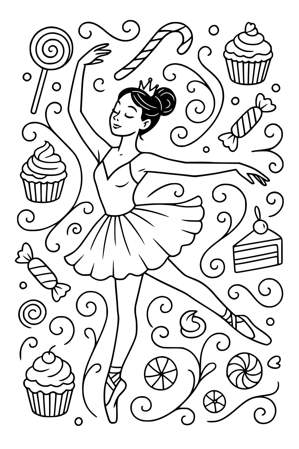Girl ballerina with crown dancing en pointe amid candy cane, lollipop, cupcakes, wrapped sweets, peppermints, cake slice, and swirling lines.