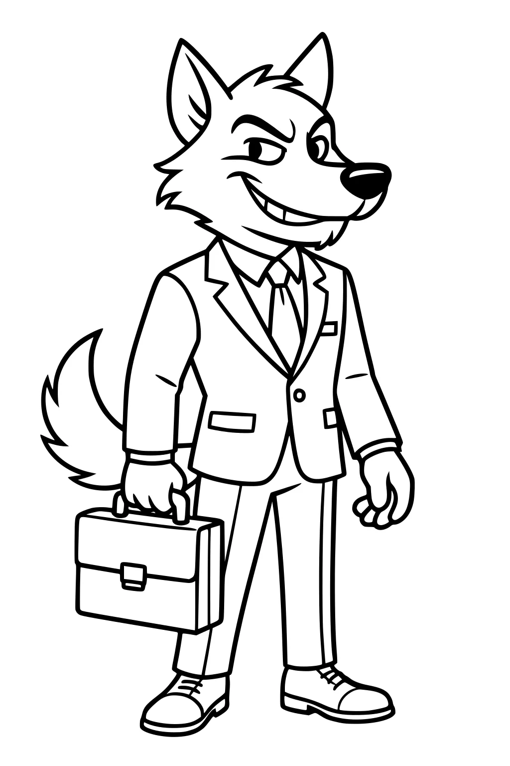 Cartoon wolf in a suit holding a briefcase, grinning with one eyebrow raised, tail and dress shoes visible, standing upright.